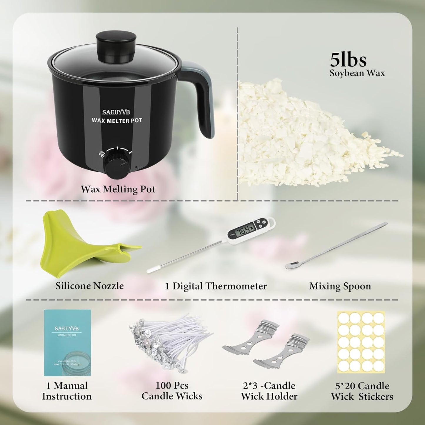 SAEUYVB Candle Making Kit,Soy Wax for Candle Making,DIYCandle Making Supplies,Including 5lbs Natural Soy Wax Flakes,Wax Melter,Thermometer,Wicks,Candle Kit for Adults,Beginnner