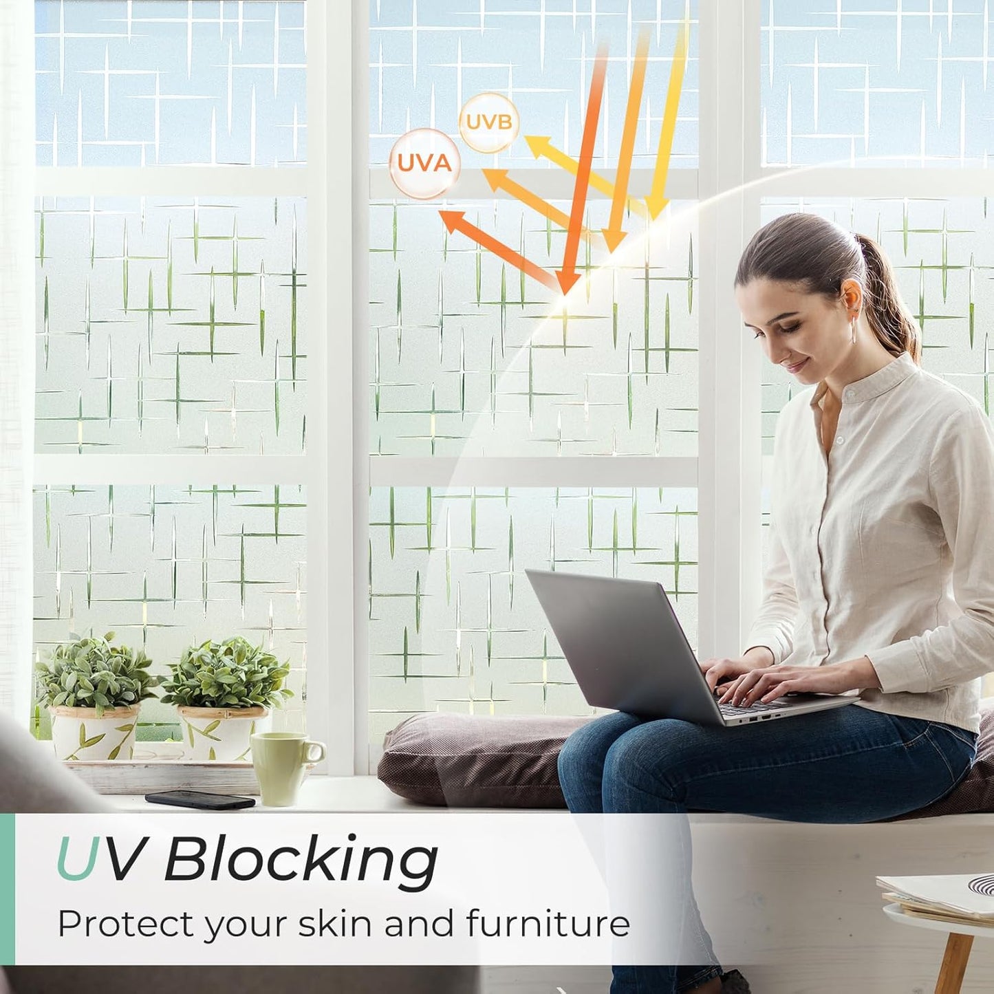 DOWELL Window Privacy Film Frosted Glass Window Film, Sun Blocking Non-Adhesive Glass Cling, Decorative Door Sticker, Self Static-Cling Tint Covering for Home Office, Cross Pattern 17.5" x 118.1"