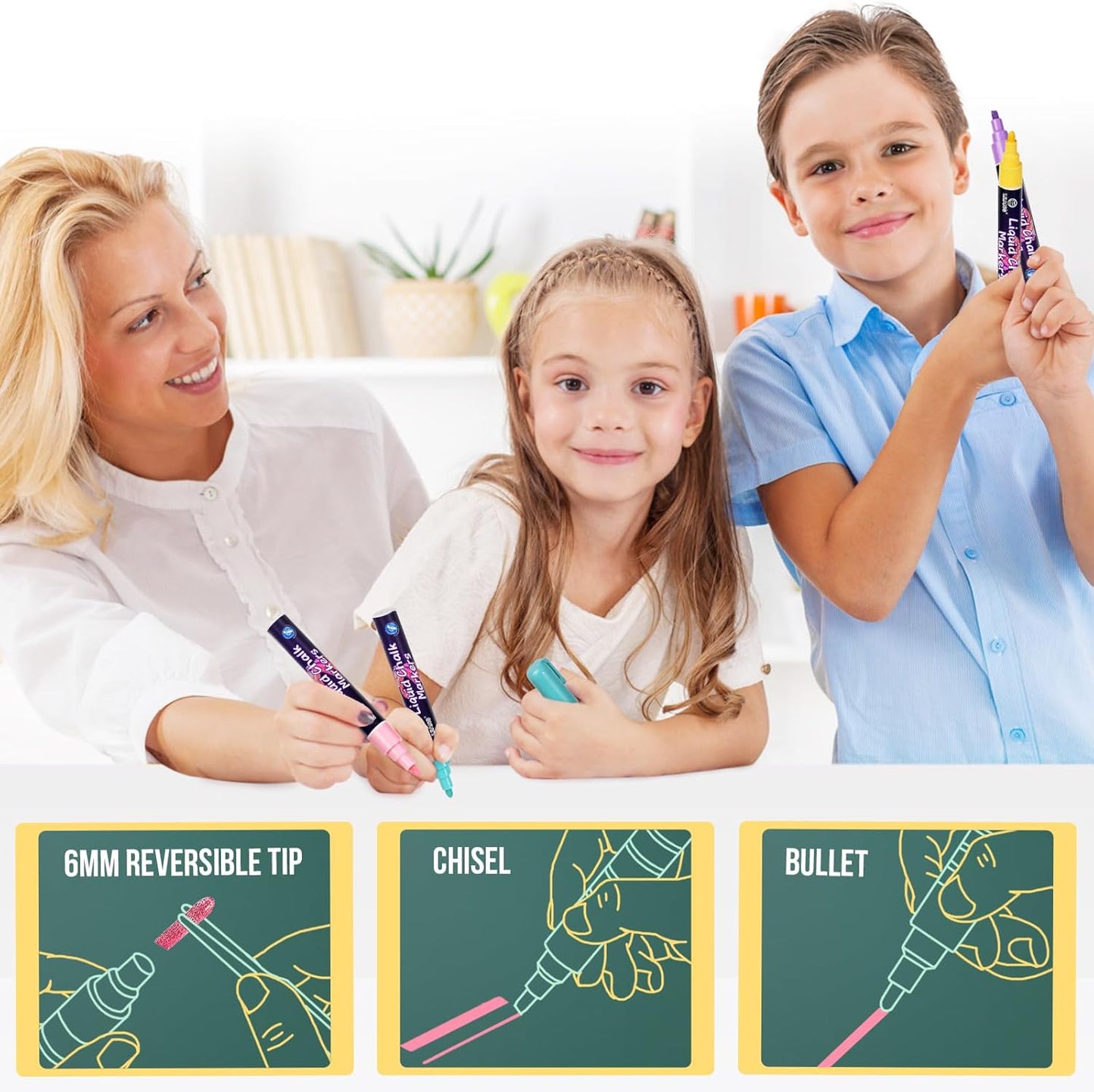 Pastel Chalk Markers Erasable for Chalkboard, Liquid Chalk Marker 8 Colors with 6mm Reversible Bullet & Chisel Tip, Dust Free Chalk Pens for Window, Blackboard, Whiteboard, Calendar, Mirror, Glass