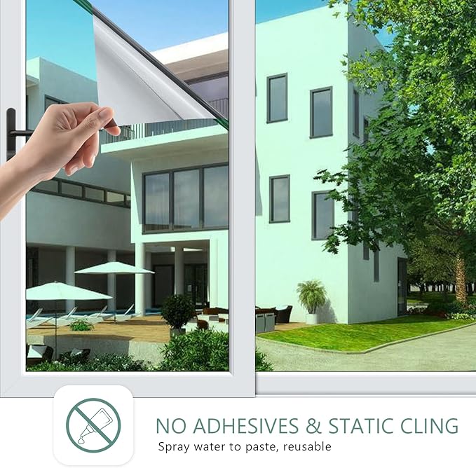 Filmgoo Window Privacy Film One Way Daytime Mirror Tint Treatments UV Heat Control Vinyl Stickers Sun Block Glass Paper Door Covering Reflective,Green Silver,29.5 Inch x 13.1 Feet