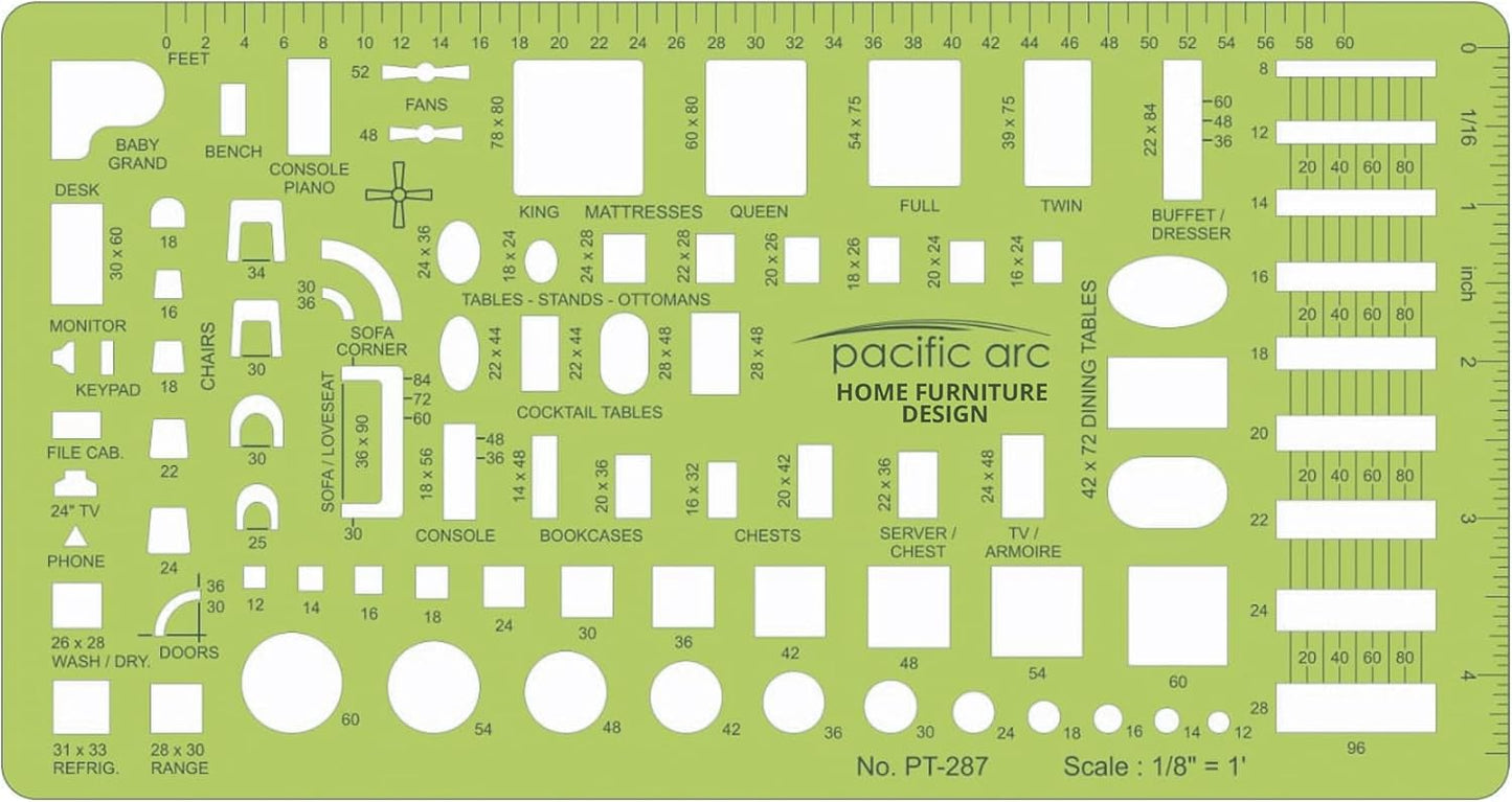 Pacific Arc, Furniture Template, 1/8 inch Scale. Drawing aid Stencil for Professional or School Work, Size 5 x 8.625 in.