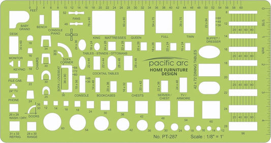 Pacific Arc, Furniture Template, 1/8 inch Scale. Drawing aid Stencil for Professional or School Work, Size 5 x 8.625 in.
