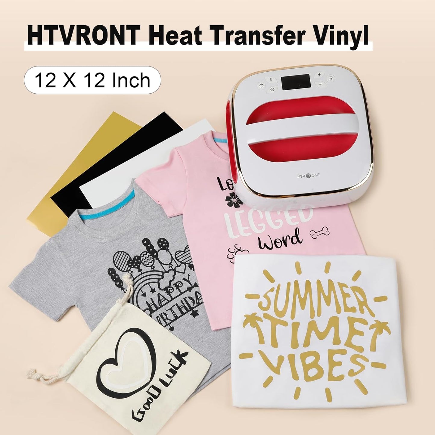 HTVRONT HTV Heat Transfer Vinyl Bundle: 5 White HTV Vinyl and 4 Black Heat Transfer Vinyl Sheets, 12"x12" PU Iron on Plus 1 PTFE Sheet Easy to Cut & Weed for Heat Design