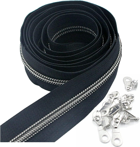 Leekayer #5 Silver Metallic Nylon Coil Zippers by The Yard Bulk 10 Yards Zipper Tape with 25pcs Silver Sliders for DIY Sewing Tailor Craft Bag (Navy Black)