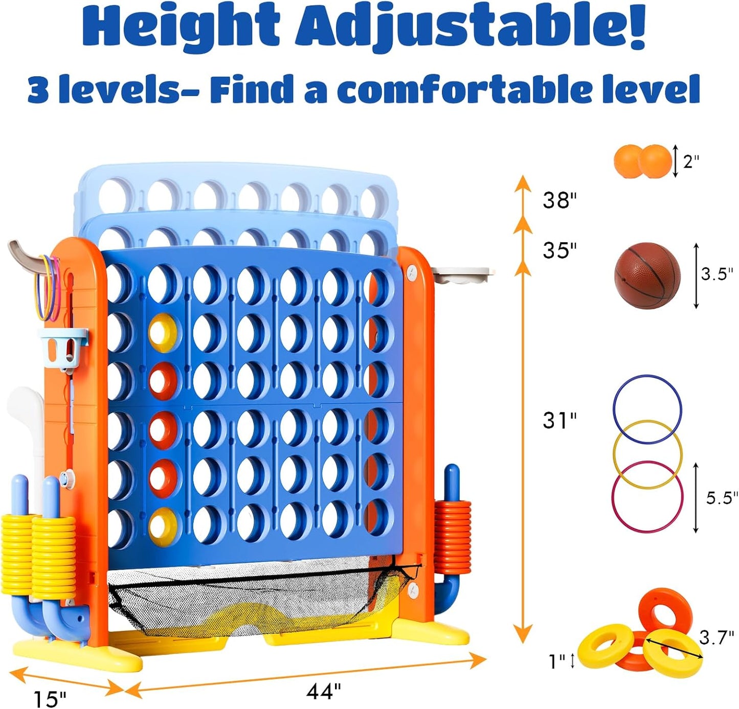 Giant 4 in a Row Connect Game with Mesh Fabric | Height Adjustable 4-in-1 Jumbo 4-to-Score Yard Game Set with Basketball, Golf & Ring Toss | Outdoor Indoor Family Yard Party Game for Kids & Adults