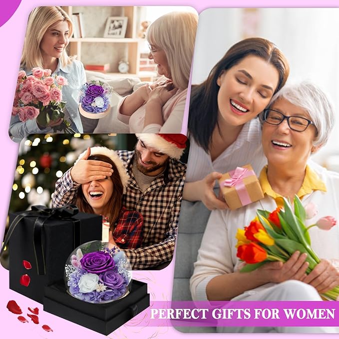FIACO Gifts for Mom Women Birthday Preserved Flowers in Glass Dome Forever Fresh Flowers for Delivery Eternal Roses Gifts for Grandma Sister Daughter Wife