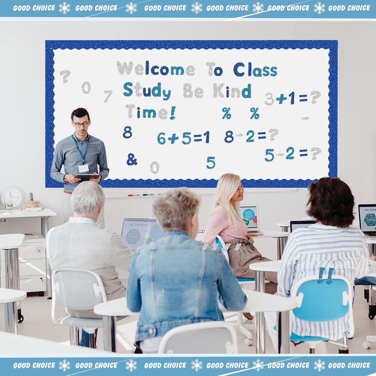 221 Pcs Classroom Bulletin Board Letters Colorful Alphabet Cutouts Number and Punctuation Symbol Combo Letter Cutouts for Wall Chalkboard Poster Board Decor(Blue Glitter Round)