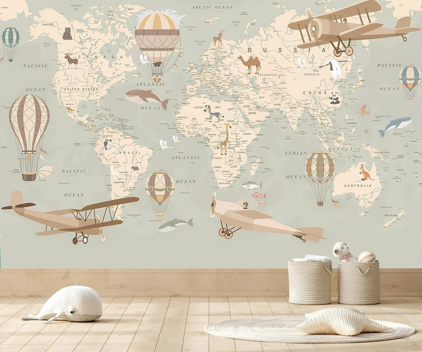 AFZEVEB-Vintage Animal Wallpaper Cartoon Aircraft Map Wall murals for Kids Room 114"x74"(Not Peel and Stick)