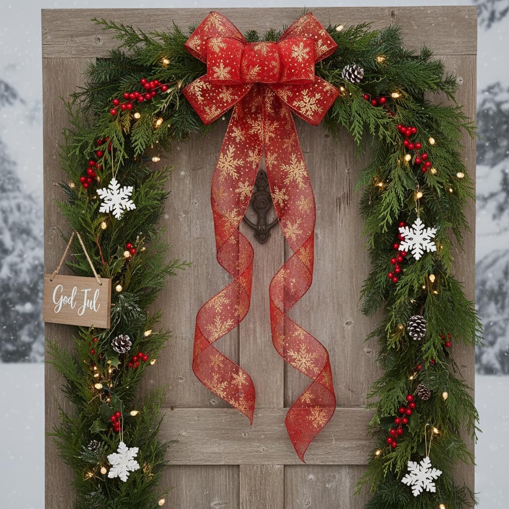 CT CRAFT LLC Organza with Red Glitter Snowflakes Wired Ribbon 2.5 inch x 50 Yards for Christmas Home Decor Tree Topper Bow Gift Wrapping DIY Crafts Wreath Garland Wedding