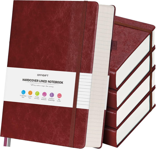 5 Pack College Ruled Notebook, 312 Numbered Pages Thick Notebooks Bulk, 100gsm No Bleed Paper Hardcover Leather Journal, Lined Journal Notebook Set for Women Men School Office, A5, Burgundy