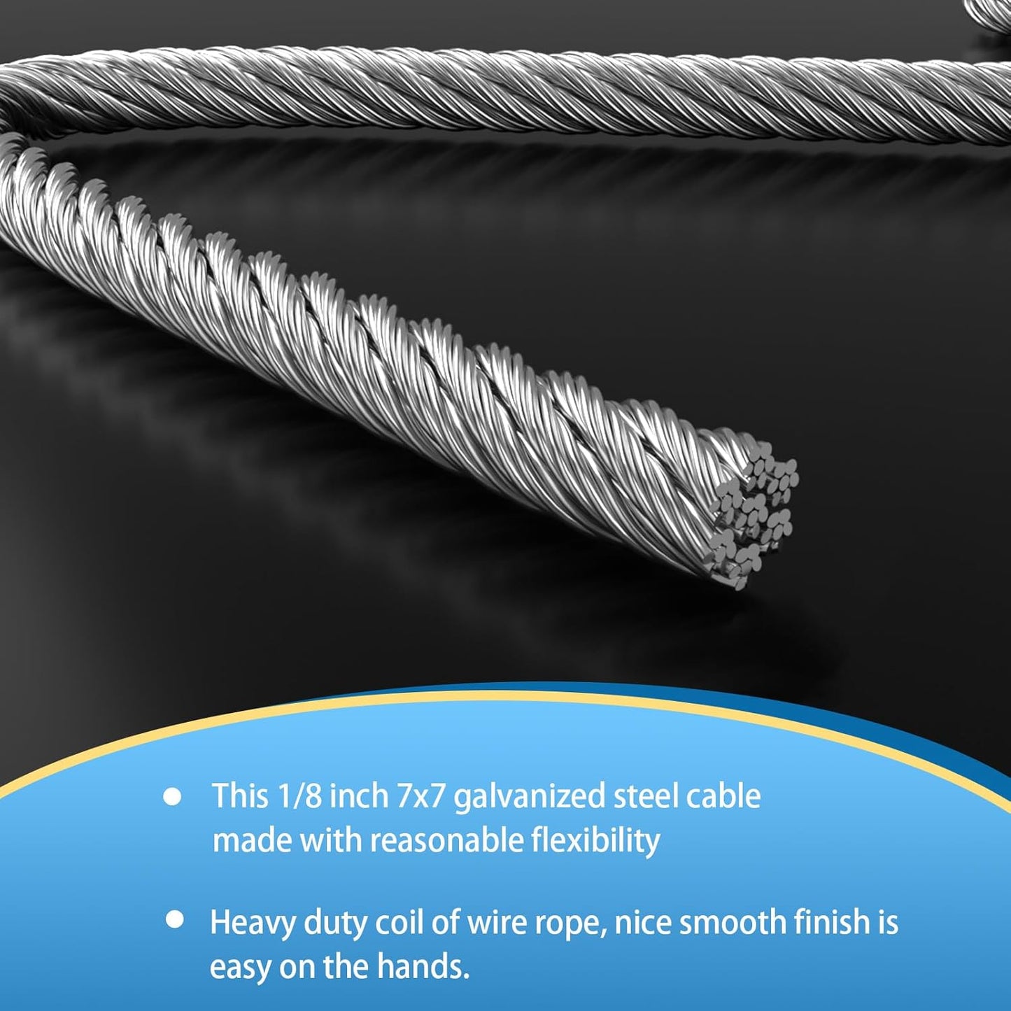 Galvanized Steel Wire Rope Cable, 1/8” Galvanized Steel Cable with Rope Clamp and Thimble, 7X7 Strand Core Aircraft Cable Used for Anchored Shed, Fencing, Sunshade, Clothesline (50ft)