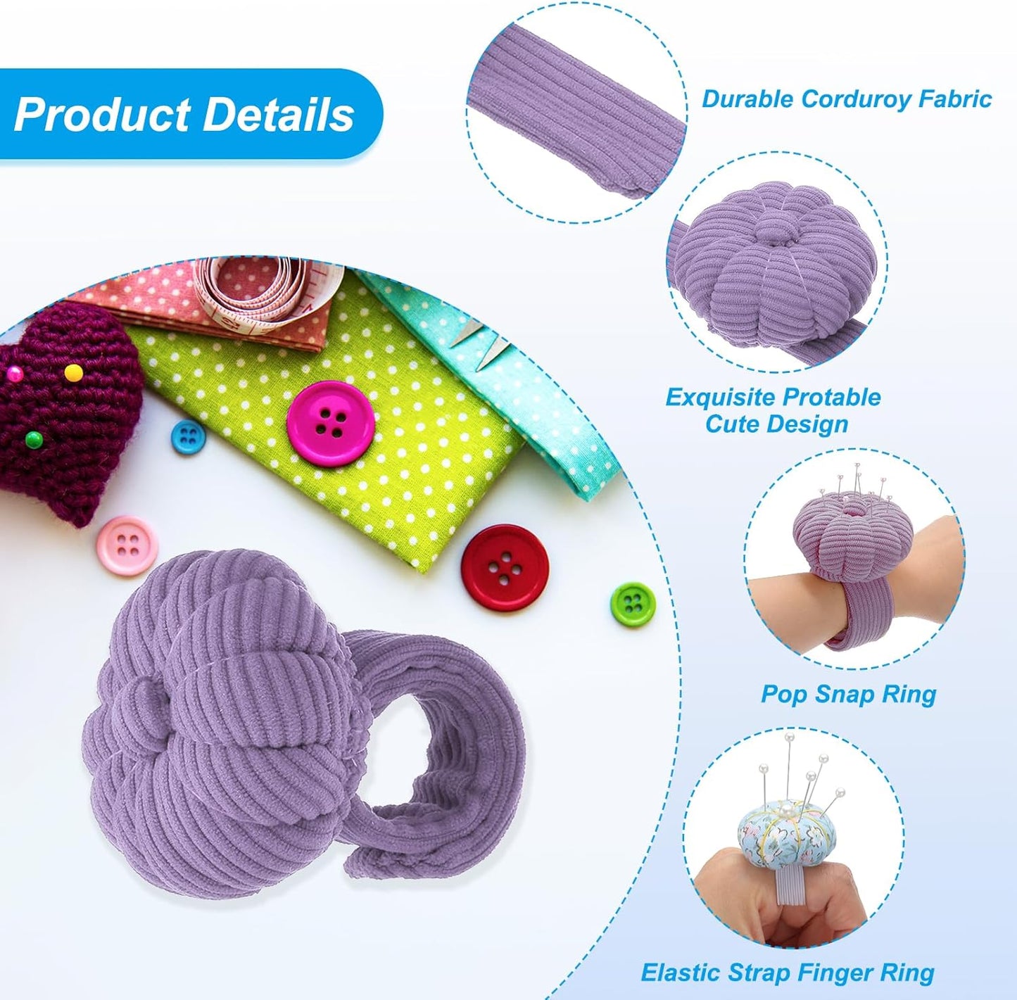 PATIKIL Wrist Pumpkin Pin Cushion, Snap Pin Cushion with Elastic Strap Ring Portable Embroidery Needle Pin Storage for Hand Craft Knitting, Lavender