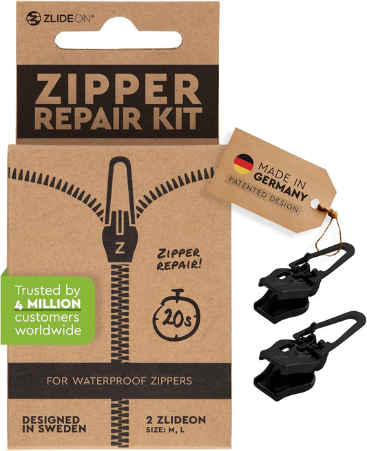 ZlideOn Zipper Pull Replacement - Black, Waterproof Multipack (2 Pieces) - Instant Zipper Replacement Slider for Waterproof Zippers