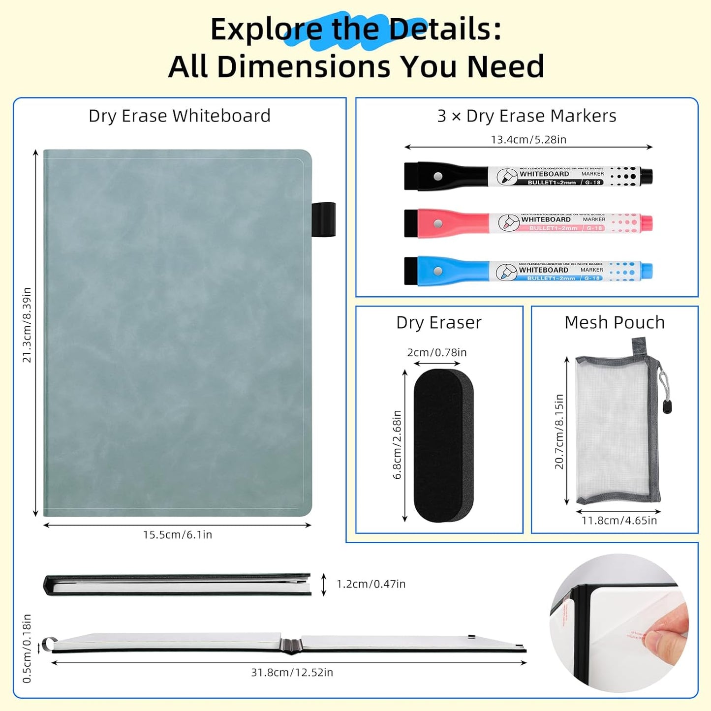 AGM Portable White Board Dry Erase Notebook, 8.4" x 6" Double Sided Folding Whiteboards with 3 Pens, Small Travel Dry Erase Board Skin-Friendly Material for Study, Meeting, Planning, Ocean Blue