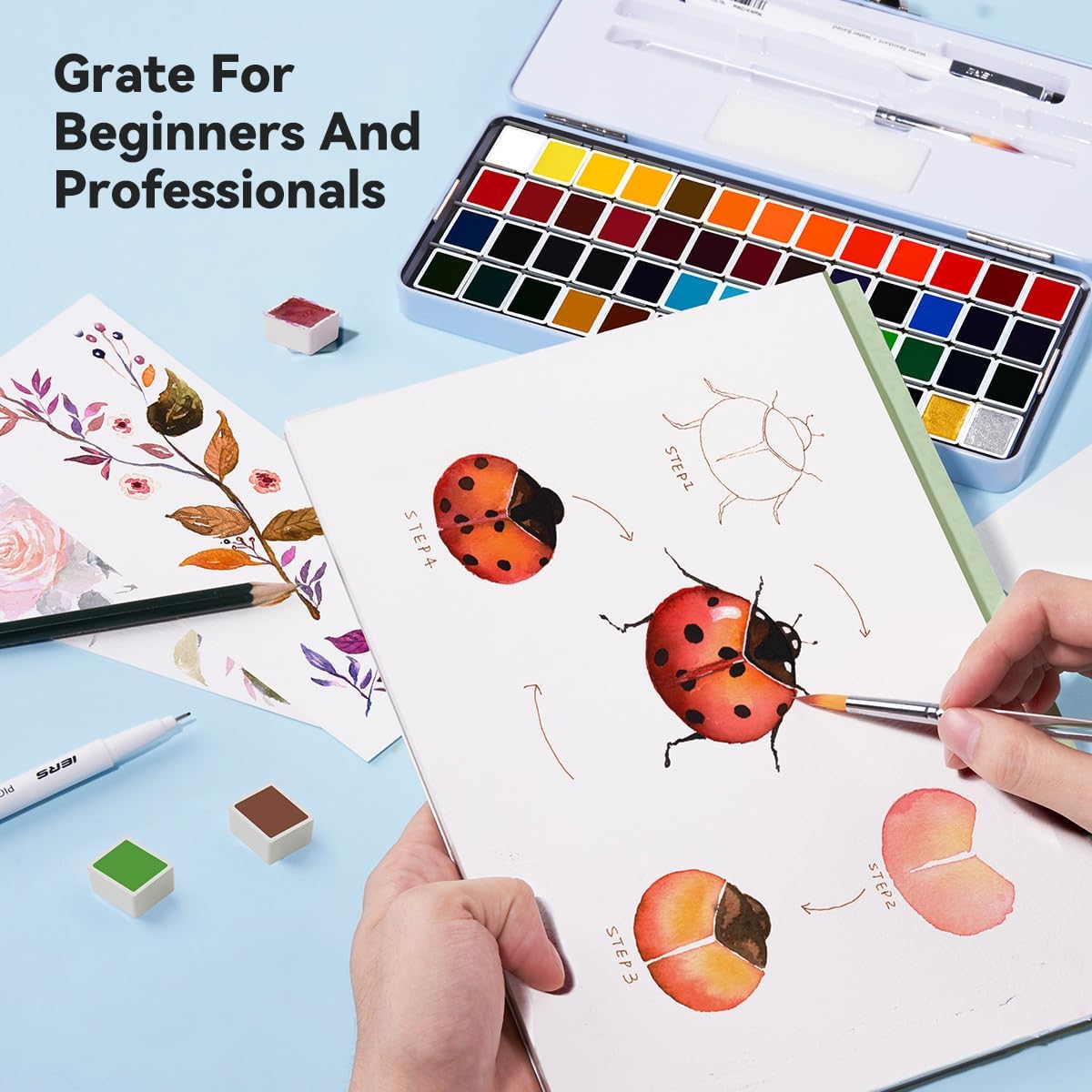 MeiLiang Watercolor Paint Set 52 Colors in Half Pans with Drawing Pencil, Paint Brushes, 5 Watercolor Paper, Sponge, Black Drawing Pens, Art Supplies for Adults Travel Watercolor & Blue Box