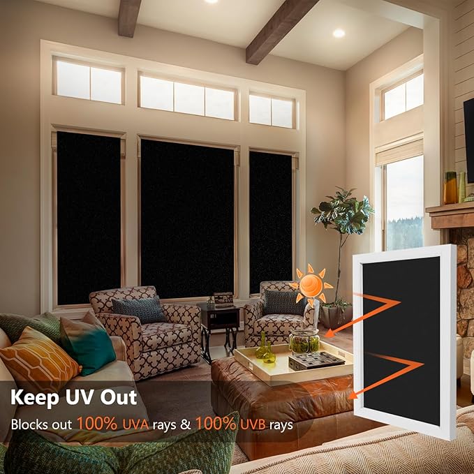 Kromapolis Blackout Window Privacy Film Total Light Blocking Room Darkening Window Covering, Removable Static Cling Frosted Glass Tint, Non-Adhesive, Black 29.5'' x 78.7''