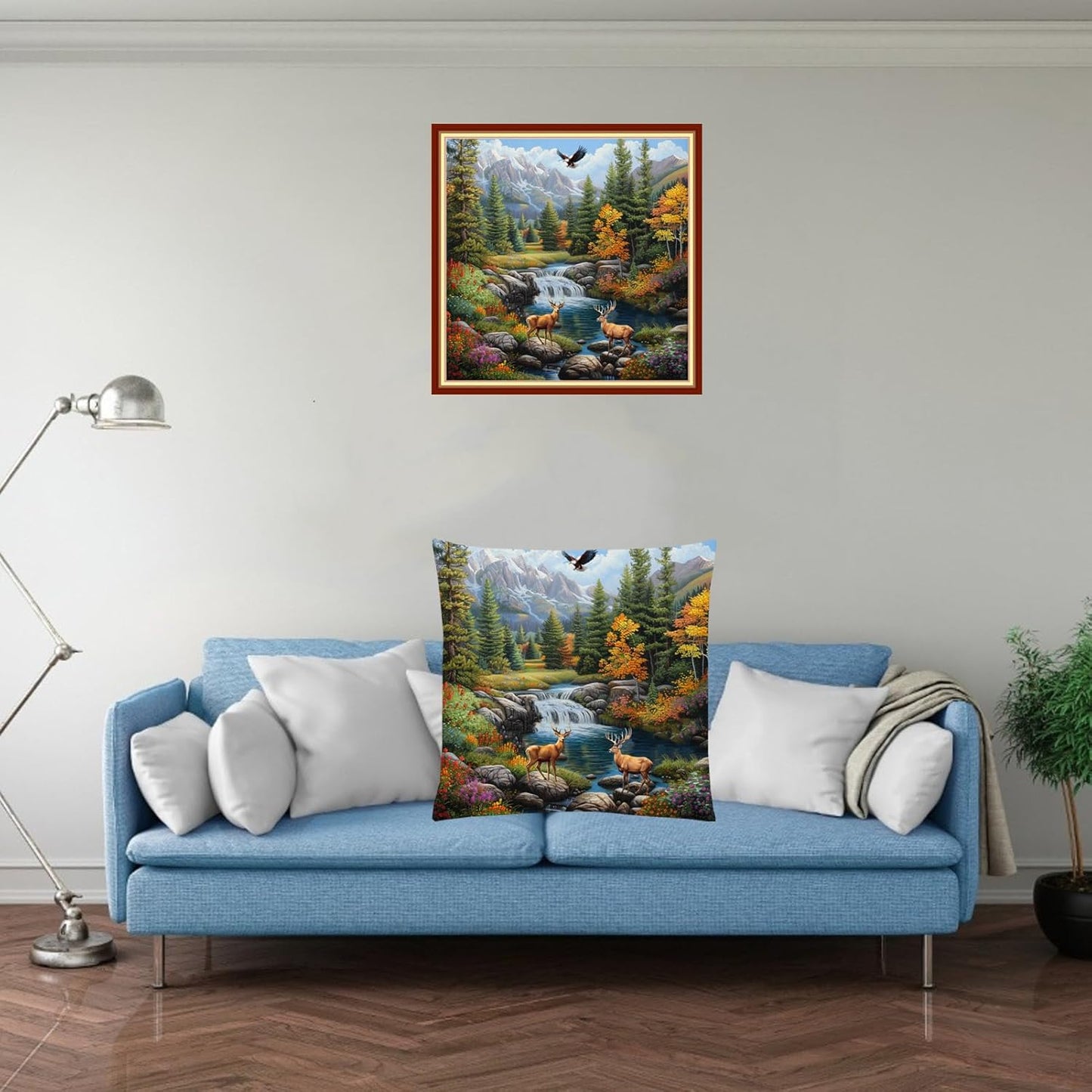 Fanxvivy Stamped Cross Stitch Kits for Adults Beginners Pillow Needlepoint Kit with Embroidery Pattern Needlework Kit Prestamped Stitches Kit 11CT Cross Stitching-Deer Landscape 18x18 inch