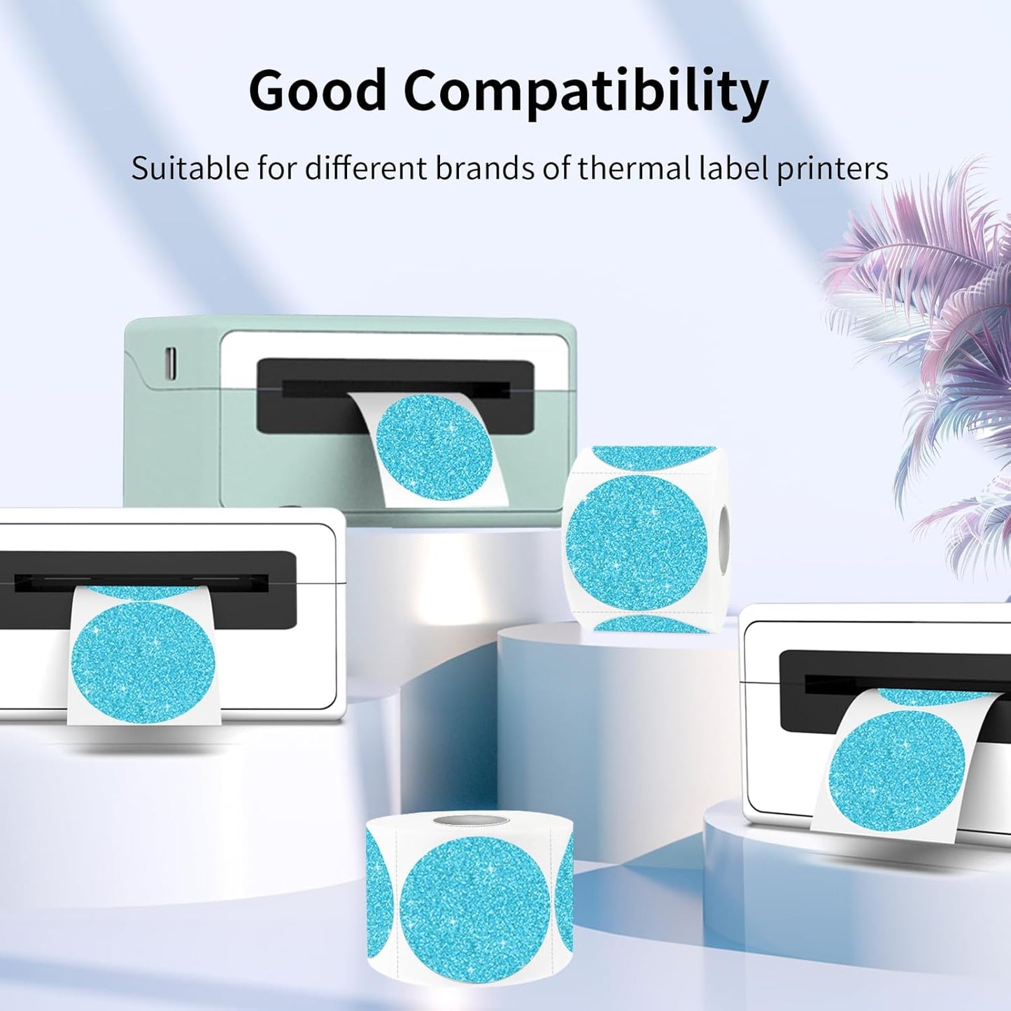 2" Holographic Thermal Label Stickers, Round Direct Thermal Label Stickers, Glitter Thermal Printer Sticker Labels for Gift Wrapping, Self-Adhesive Custom Logo Design- Glitter Blue