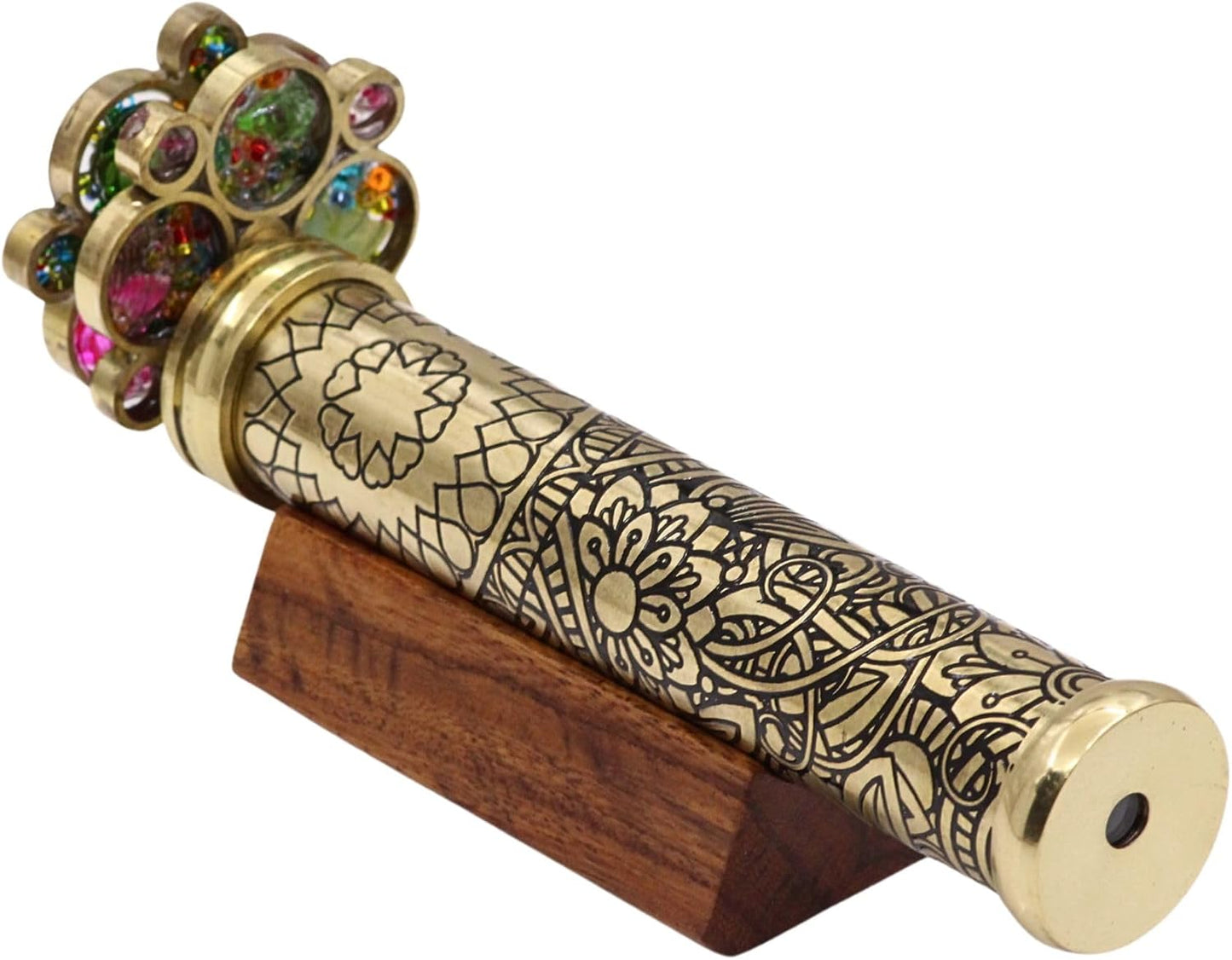 RII Handcrafted Etched Floral Pattern Lacquered Brass Kaleidoscope Includes Two Separate Turning Wheels-Unique Gift Ideas for Someone Special. (7"x1.25")
