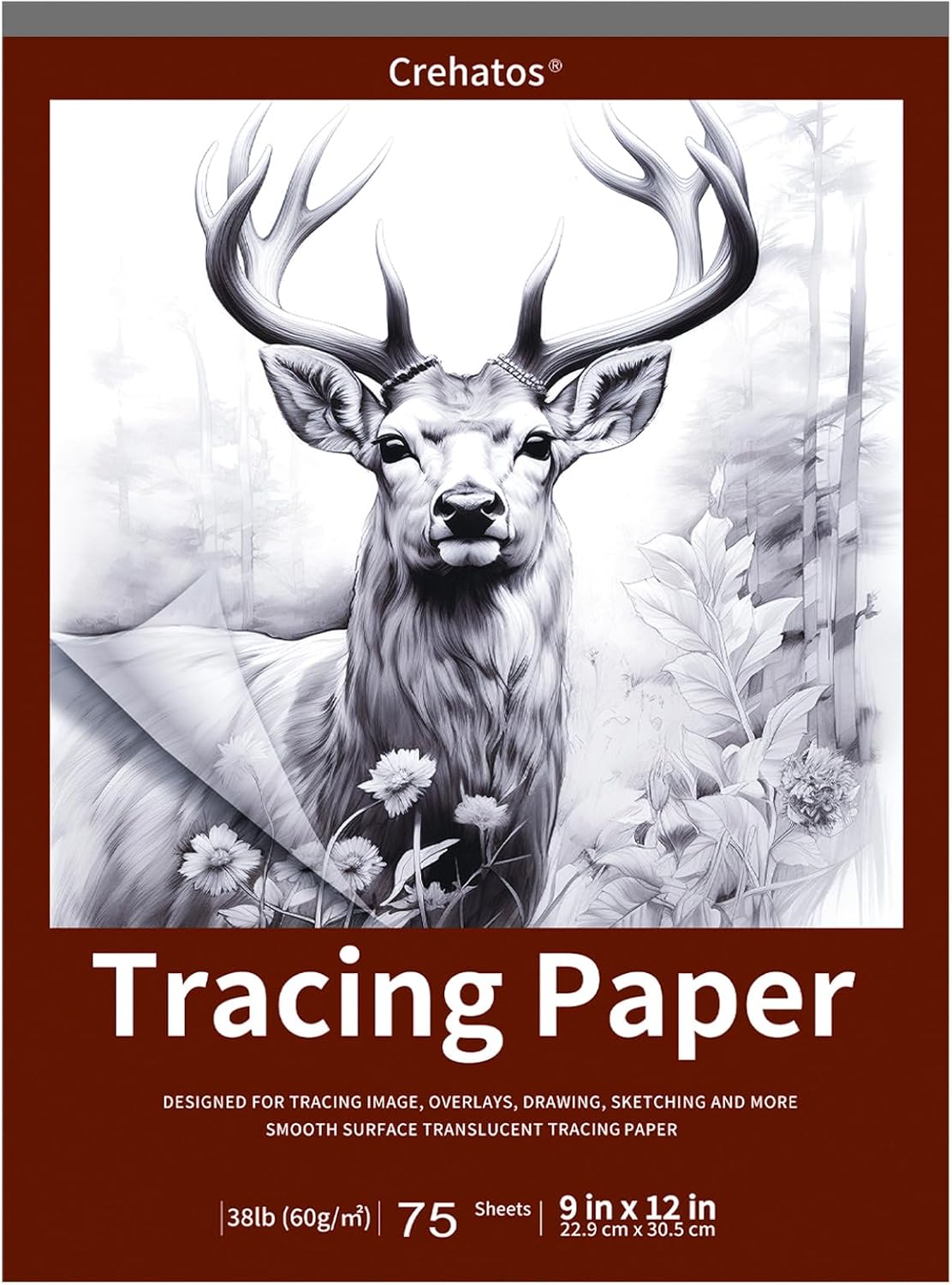 Crehatos 9" x 12" Tracing Paper, Translucent Tracing Pad, 75 Sheets 38lb/60gsm Vellum Art Paper