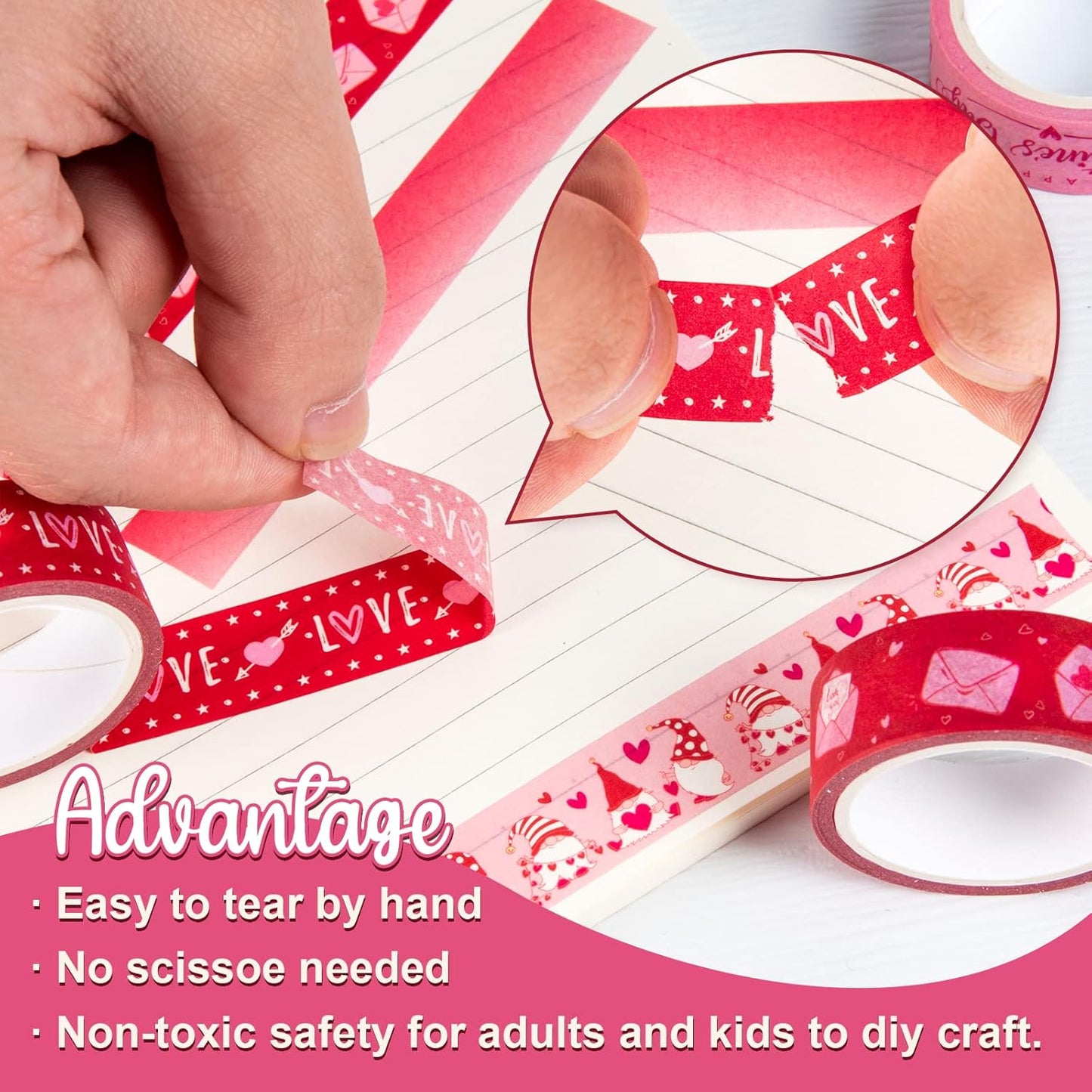 Whaline 12 Rolls Valentine Washi Tape Red Pink Heart Gnome Love Masking Tape for Wedding Scrapbook DIY Craft Gift Wrapping, 0.6" x 16.4ft