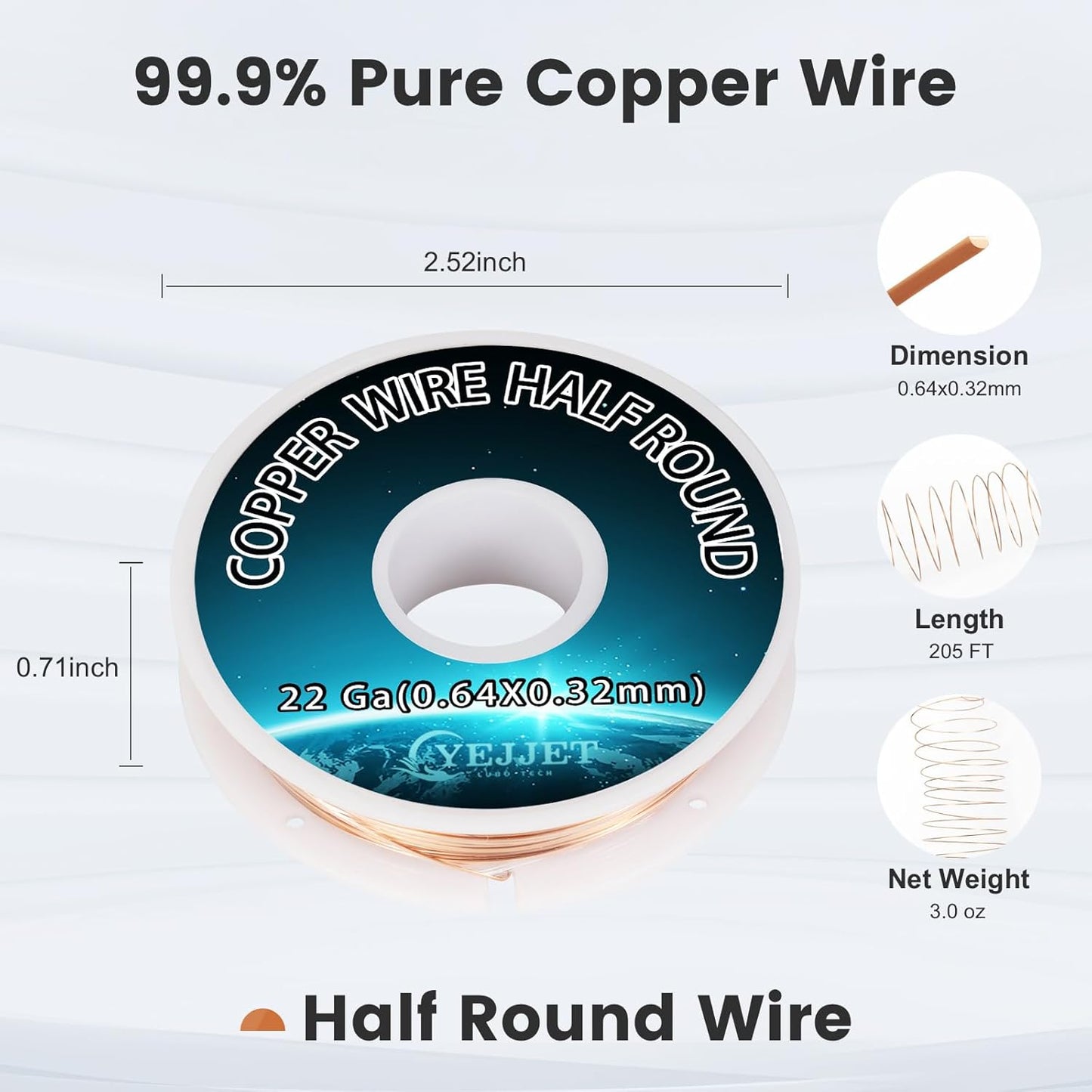 22 Gauge Half-Round Copper Wire - 3.0 oz (205 Feet) Non-Tarnish Metal Wire for Crafting & Prototyping