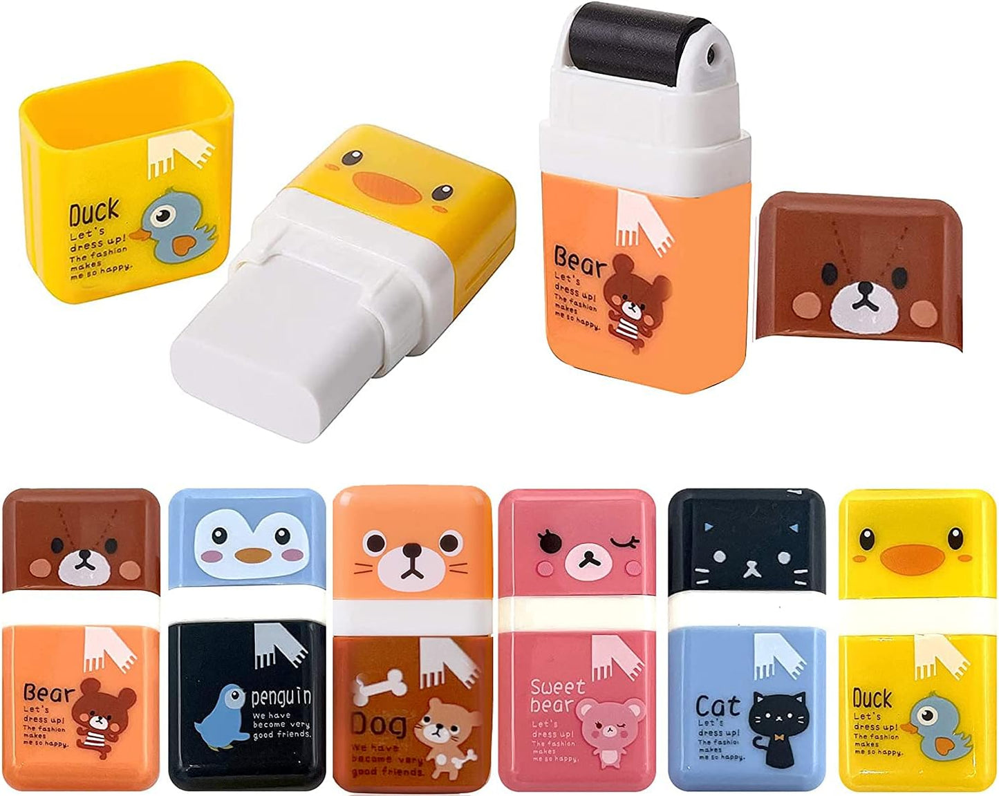Performore 6‑Pack Animal‑Theme Cute Pencil Erasers with Cleanup Roller & Shaving Case — Fun & Functional School & Party Supplies for Kids
