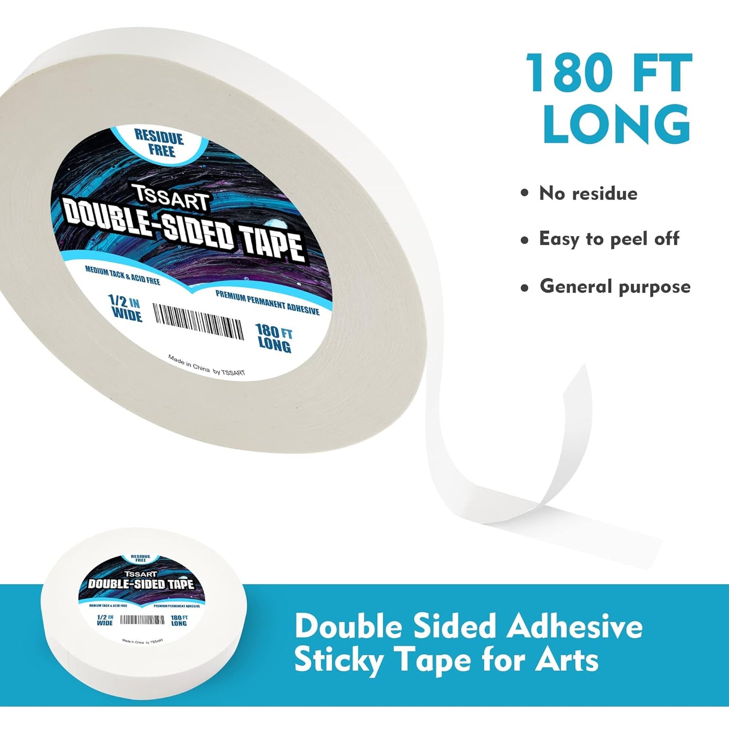 Ultra-Thin Permanent Double-Sided Tape - Double Sided Adhesive Sticky Tape for Arts, Crafts, Photography, Scrapbooking, Tear-by-Hand, Paper Backing - Acid Free 1/2Inch Wide 180FT Long