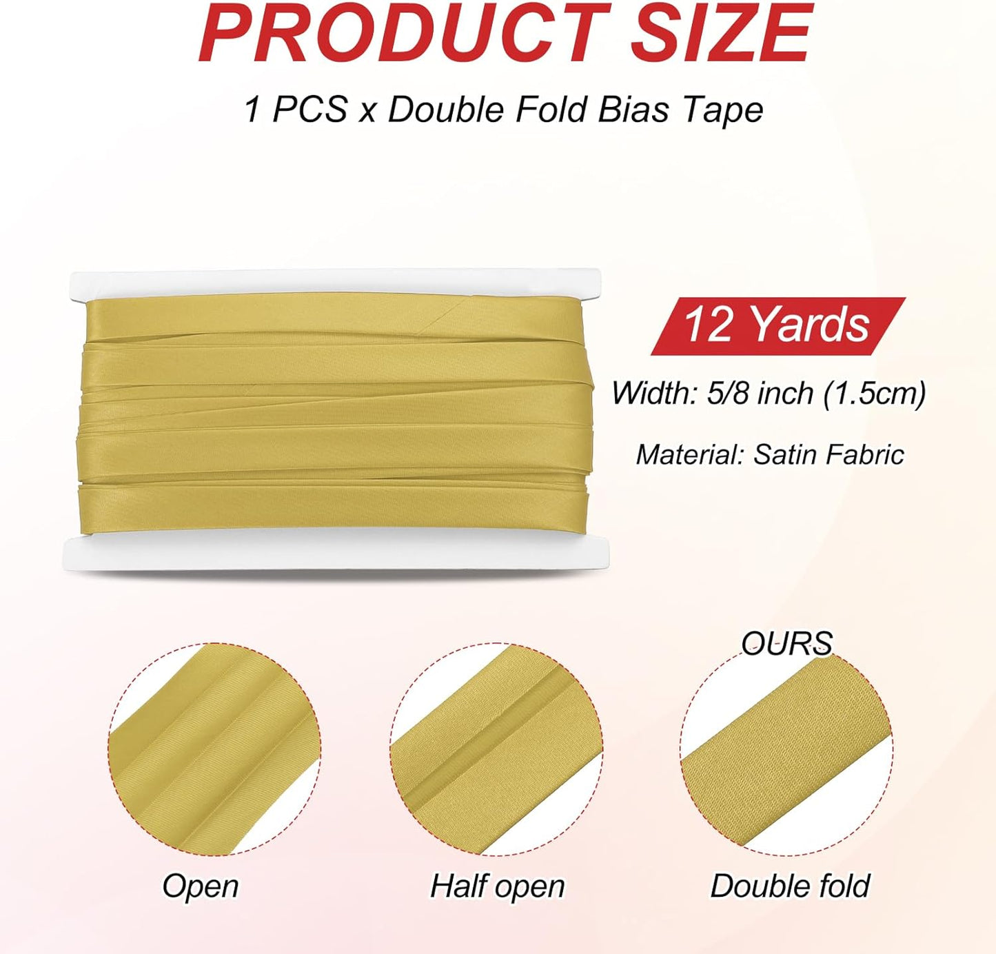 MECCANIXITY Double Fold Bias Tape for Sewing 5/8 Inch x 12 Yards Satin Pre-fold Continuous Binding Tape for Seaming Quilting Hemming Binding DIY Crafts, Gold Tone