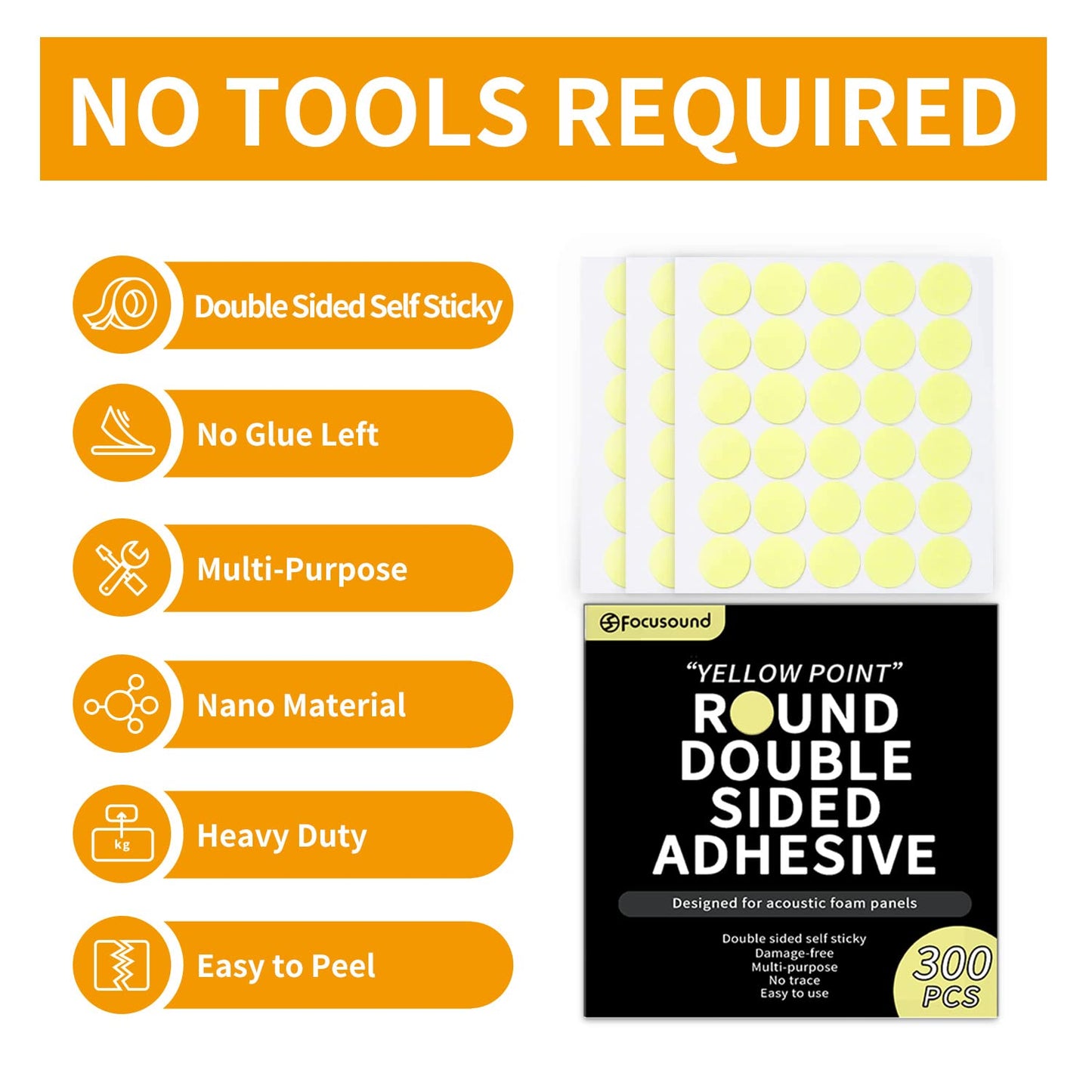 Focusound 300 Pack Yellow Point Double-Sided Adhesive Dots for Acoustic Soundproofing Foam Panels