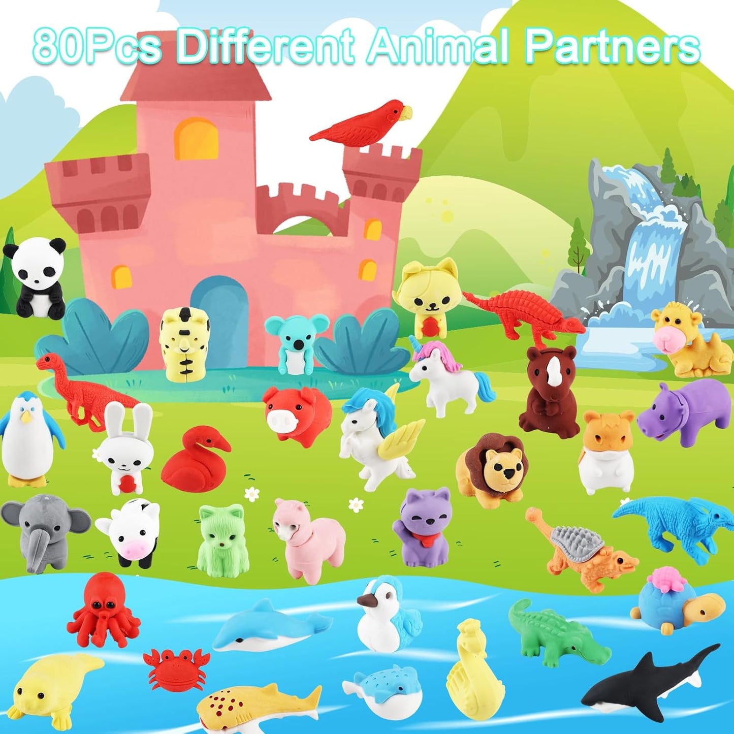 80Pcs Animal Erasers Kids Desk Pets Pencil Erasers 3D Puzzle Eraser Bulk Fun Cute Mini Animal Eraser Toys for Classroom Rewards, Game Prizes, Treasure Box, Easter Egg Fillers