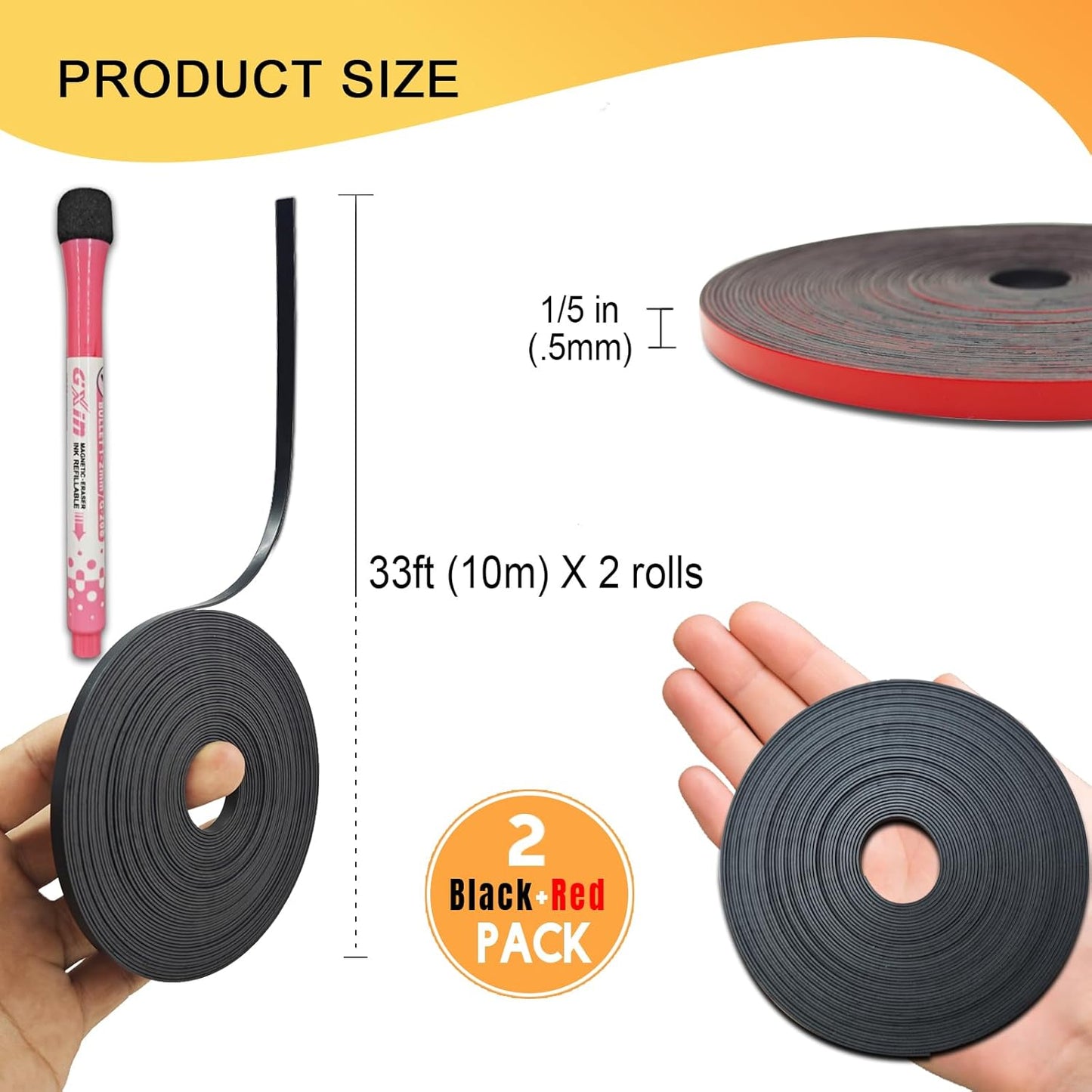 Magnetic Tape Roll Thin Strip, 1/5 Inch x 33 Feet Magnet Tape Line for Classroom Office, Magnetic Boarders for Witeboard (Black+Red)