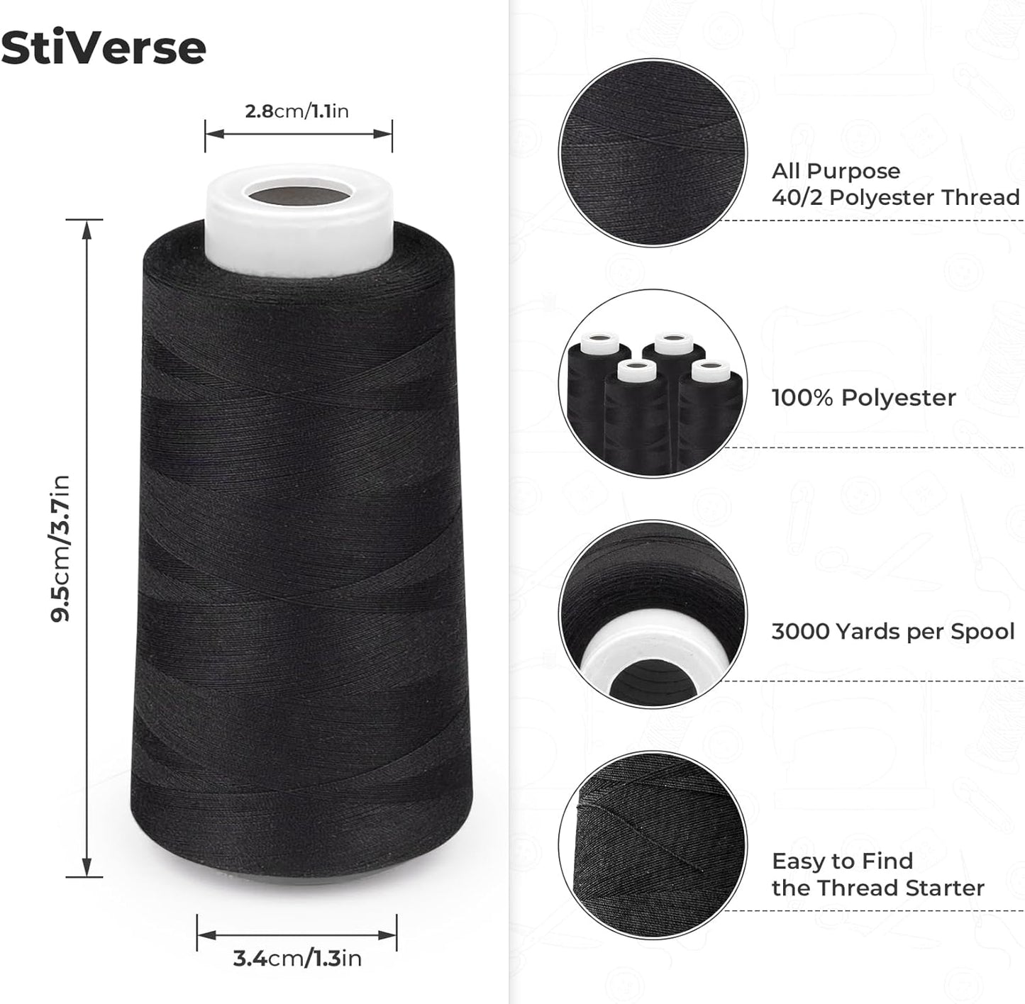 Serger Thread 4 Cones 3000 Yards Each Spool All Purpose Polyester Thread 40S/2 for Sewing, Serger, Overlock, Quilting, Piecing - Black, HY1256