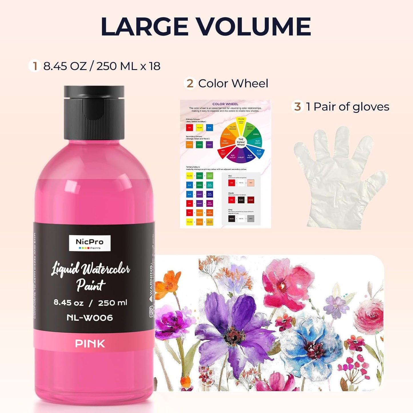 Nicpro 18 Colors Liquid Watercolor Paint Set, 8.45oz Large Bulk Liquid Watercolor Paint, Non-Toxic Water Colors Painting Supplies for Art Activity, Craft DIY, Poster, School, Home, Classroom, Party