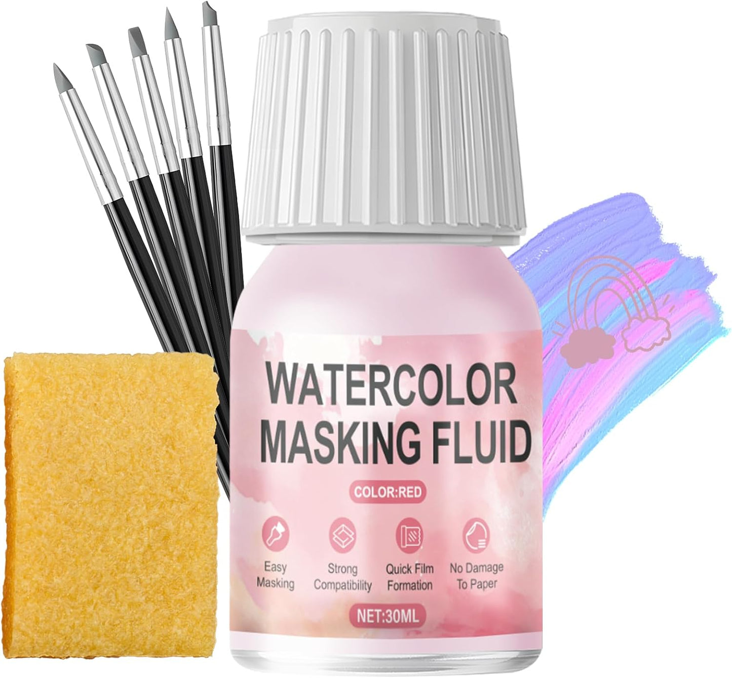 WANJAO Masking Fluid for Watercolor Painting, Liquid Masking Tape with Silicone Pens Cleaning Brush for Painting Fast Drying Easy Peel Use to Art Watercolor Supplies Retouching Covering, 30ml Red