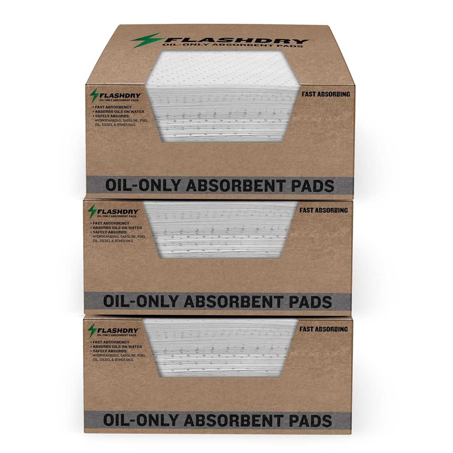 FlashDry Oil Absorbent Pads – High Absorbency of Oil-Based Liquids, Water-Repellent, Tear-Resistant, Premium Mats, Ideal for Garage, Driveway, Automotive, Marine Use, 17.5” x 13.5”, 300 Pads in Total