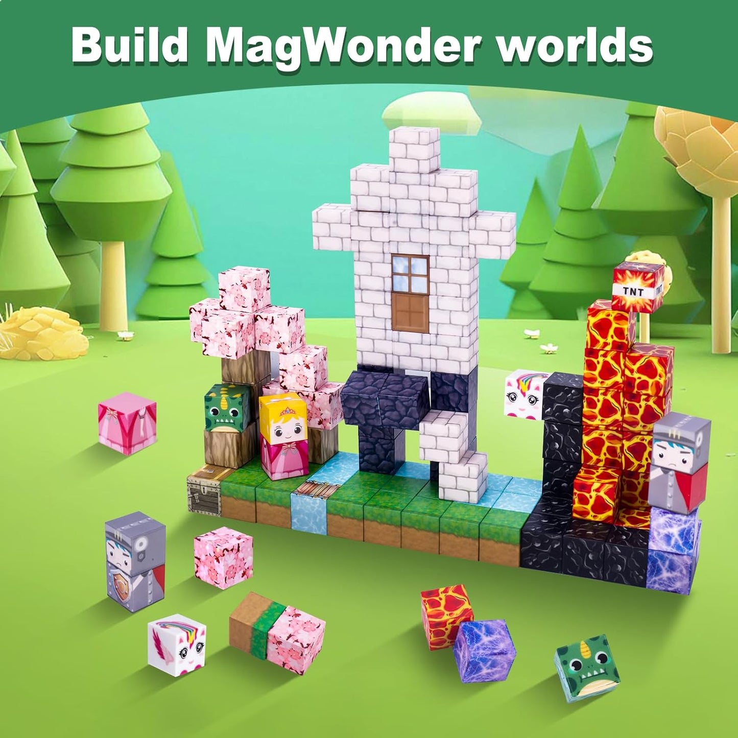 100PCS Magnetic Blocks - Magnet Cubes Toys Stacking, Build Mine Magnet World Magic Portal Set, 2025 Upgraded STEM Montessori Stacking Toy for 3+ Year Old Boys&Girls (Forest and Castle)