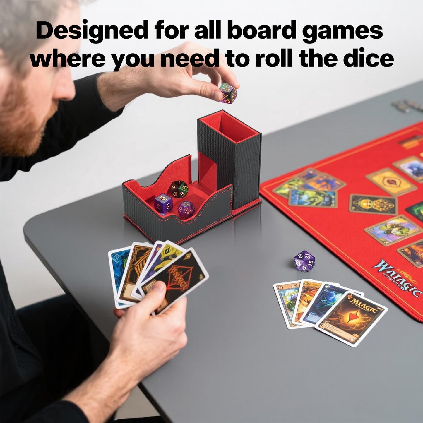 Dice Roller Tower, Premium DND Magnetic Dice Tray, Foldable PU Leather Dice Tower RPG Gifts for Dungeons and Dragons MTG Dm & Player Black/Red