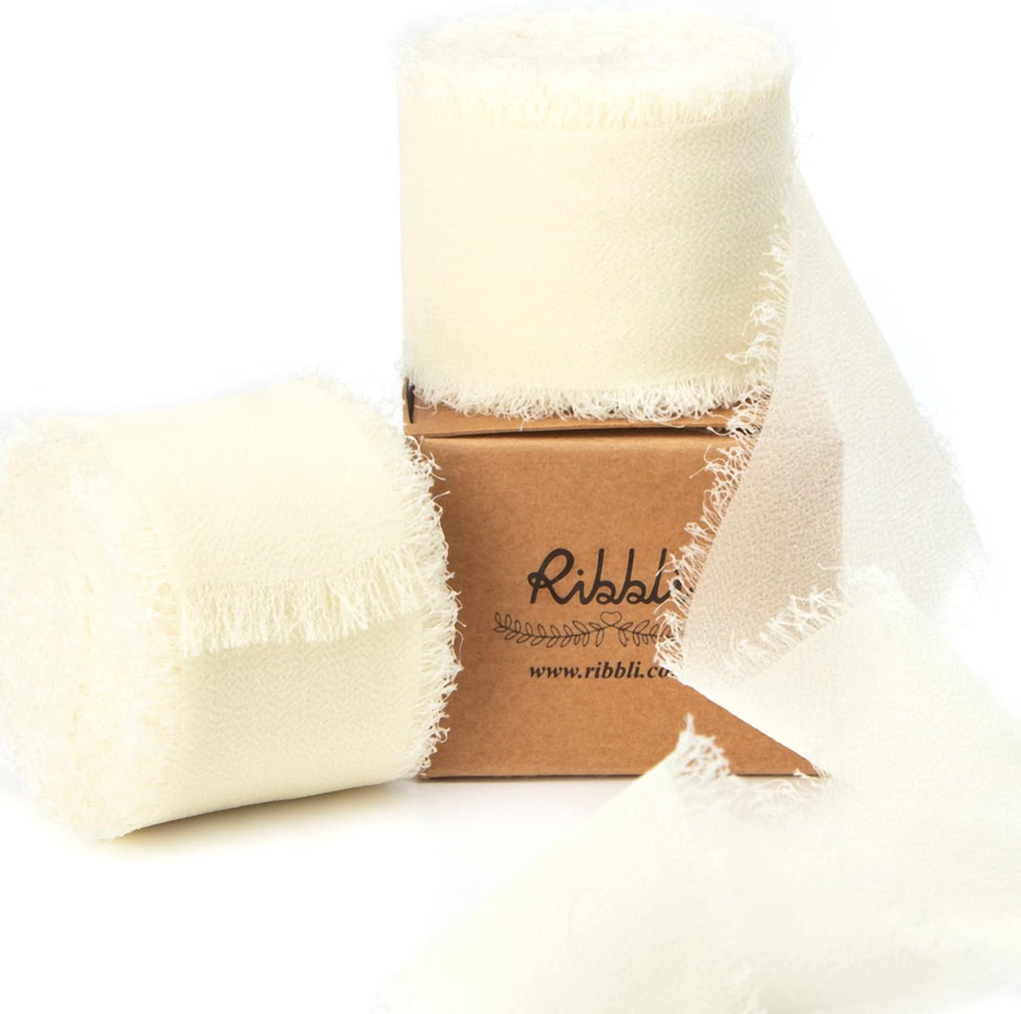 Ribbli Chiffon 1-1/2 inch x 20 Yard Handmade Fringe Cream Ivory Silk Ribbon for Wedding Invitations, Bridal Bouquets, Flower Arrangement Decoration