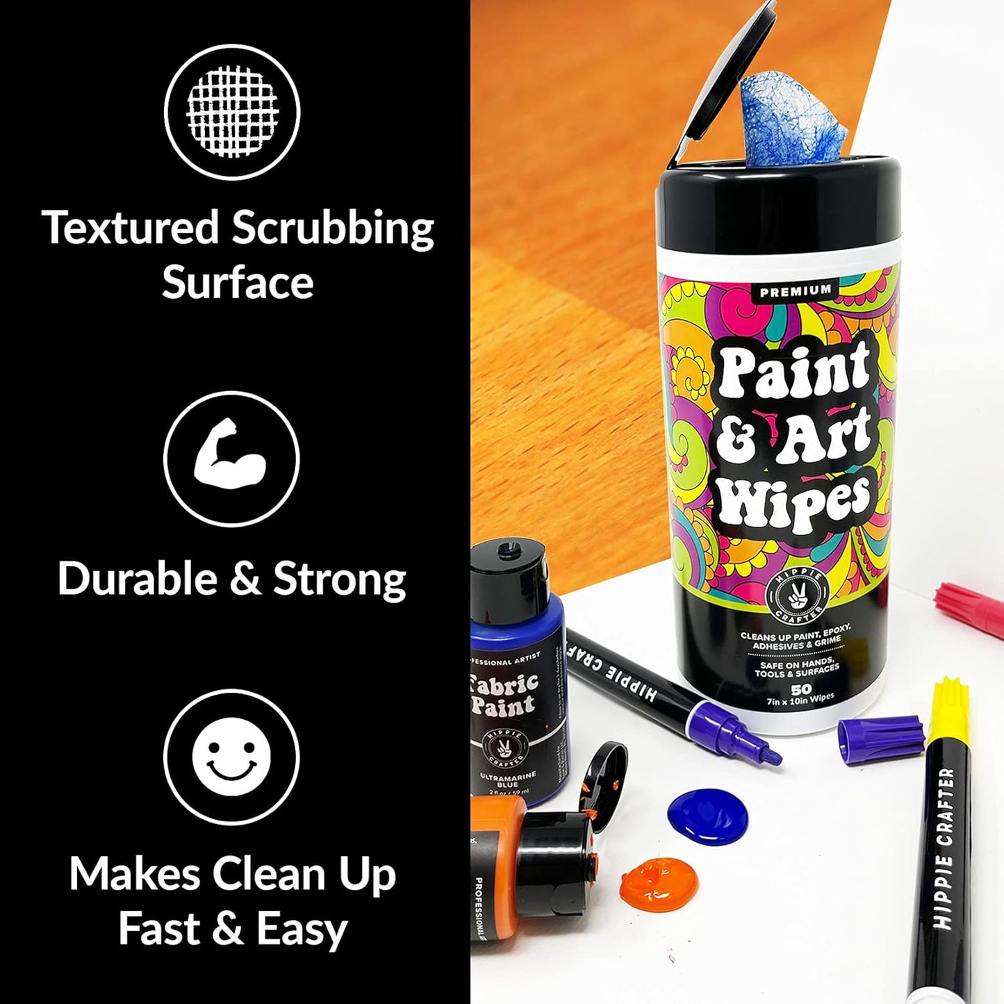 Paint and Art Wipes, Heavy-Duty Cleaner for Paint, Epoxy, Glue, Latex & Acrylic Stains, 1 Pack (50 Wipes), Safe for Hands, Brushes, Plastic, Metal, Wood & Floors