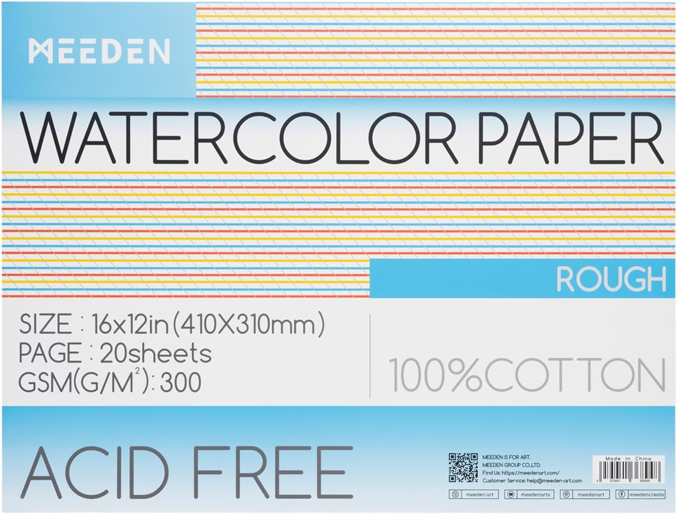 MEEDEN Watercolor Paper Block - 100% Cotton Watercolor Paper Pad of 20 Sheets, 140lb/300gsm, Acid-Free Art Paper for Watercolor, Gouache, Ink and More, 16" x 12" Rough