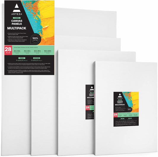 ARTEZA Canvas Boards for Painting, 9 x 12, 11 x 14, 12 x 16, 16 x 20 Inches, Multipack of 28, Blank White Canvas for Acrylic, Oil and Gouache Painting