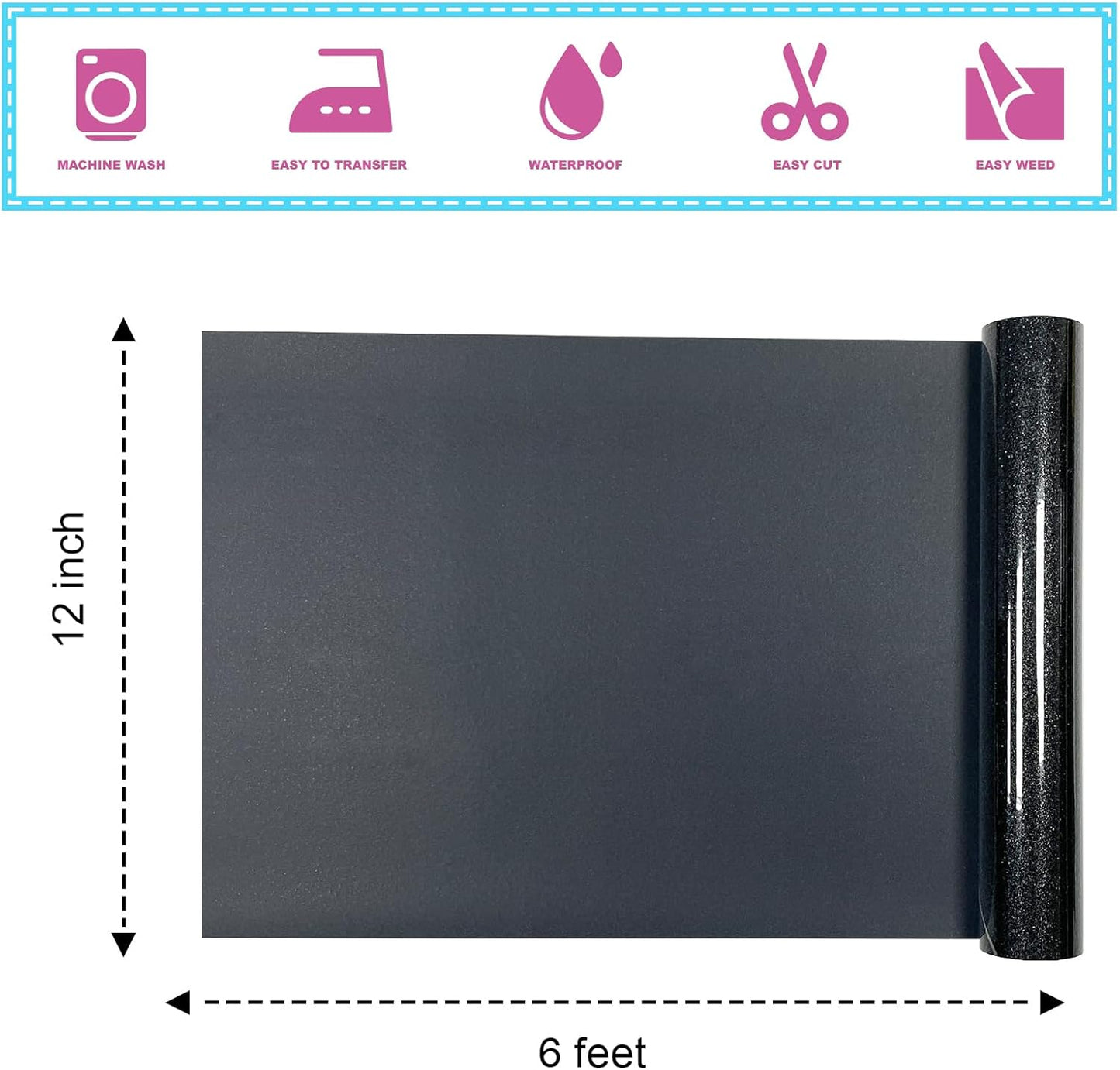 Black Glitter HTV Heat Transfer Vinyl 12" x6FT Glitter Vinyl for T Shirts Easy to Cut and Weed Compatible with All Cutter Machines HTV Vinyl Iron on for Cricut (Black, 12Inches*6Ft)