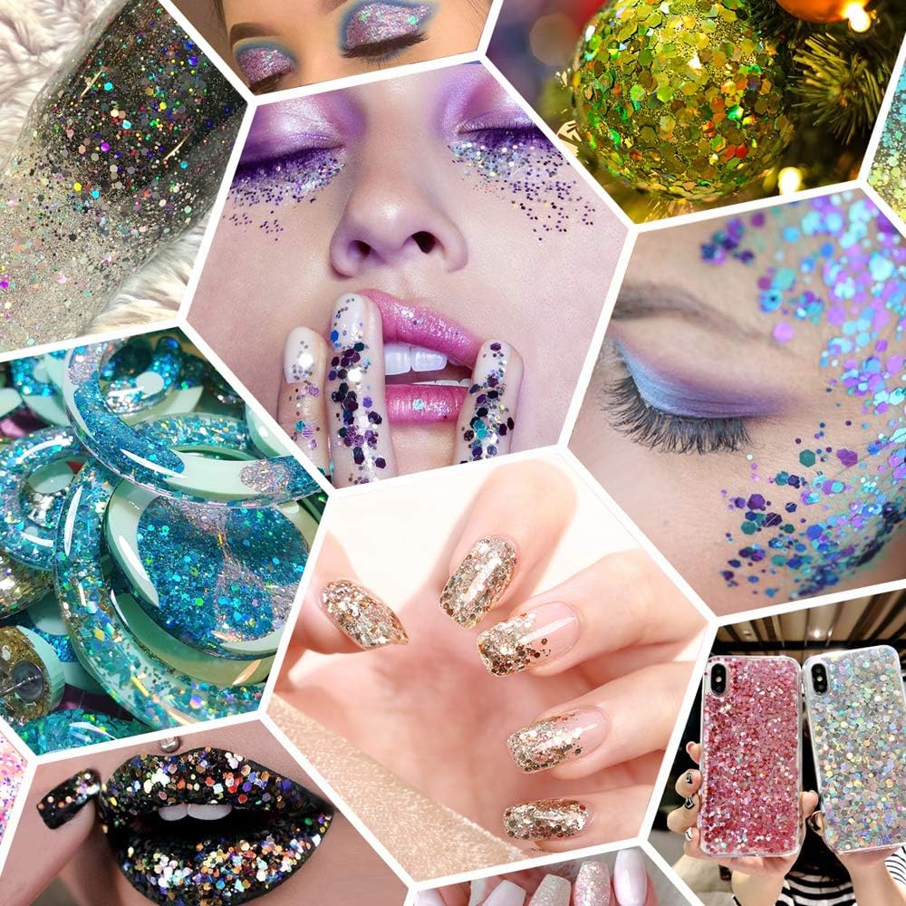 Holographic Chunky Glitter, 5.64oz/160g Craft Glitter Powder Mixed Chunky Flakes, Iridescent Nail Sequins for Nail Art, Hair, Epoxy Resin, Tumblers, Slime, Painting, Festival Decor (Galaxy Blue)