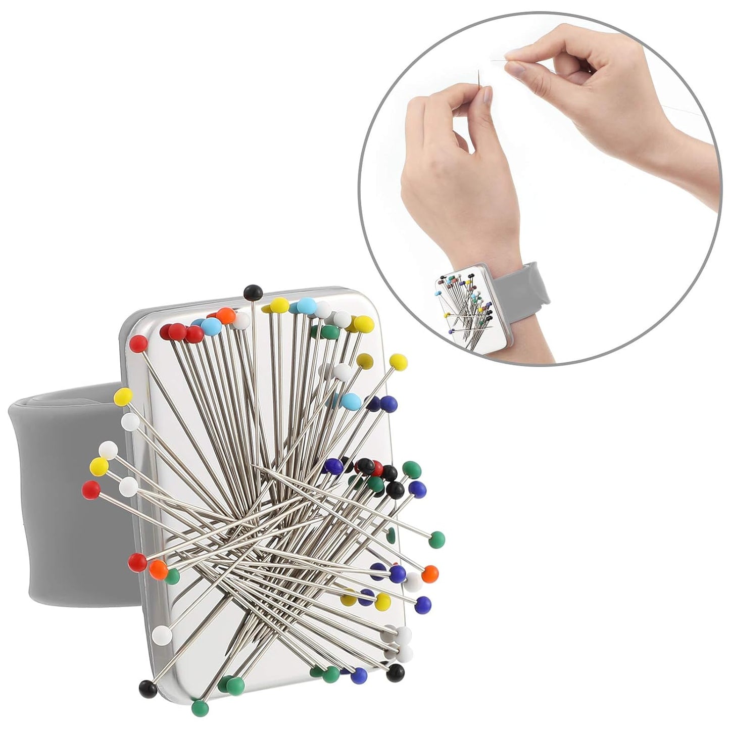 WILLBOND Magnetic Wrist Sewing Pincushion Wrist Magnetic Pin Holder Wristband Pin Cushion Holder with 3 Pcs Stainless Steel Pintail Comb Rat Tail Comb for Hair Clips Hand Sewing(Gray)