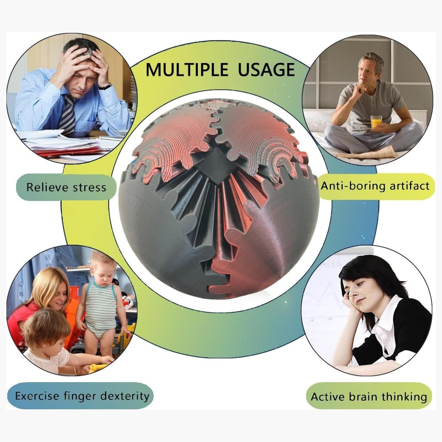 Gear Ball 3D Printed Spin Cube Fidget Toy, Sphere Stress Toy, GearSphere Desk Toy for Anxiety Relaxing (Laser Dark Red)