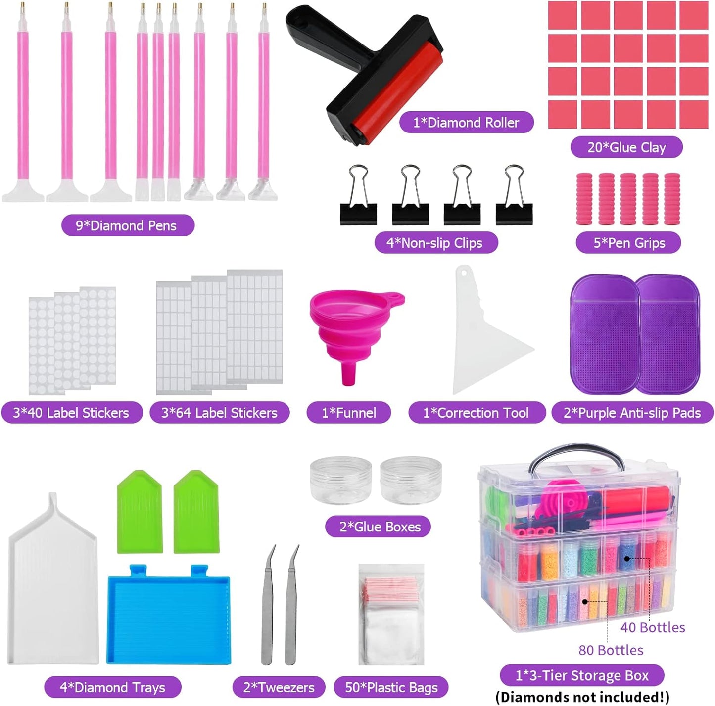 Douorgan 3-Tier Diamond Painting Storage Containers Diamonds Organizers and Storage Stackable Diamond Painting Tools Box Portable Diamond Beads Storage Box, 80+40 Slots with Tool Set