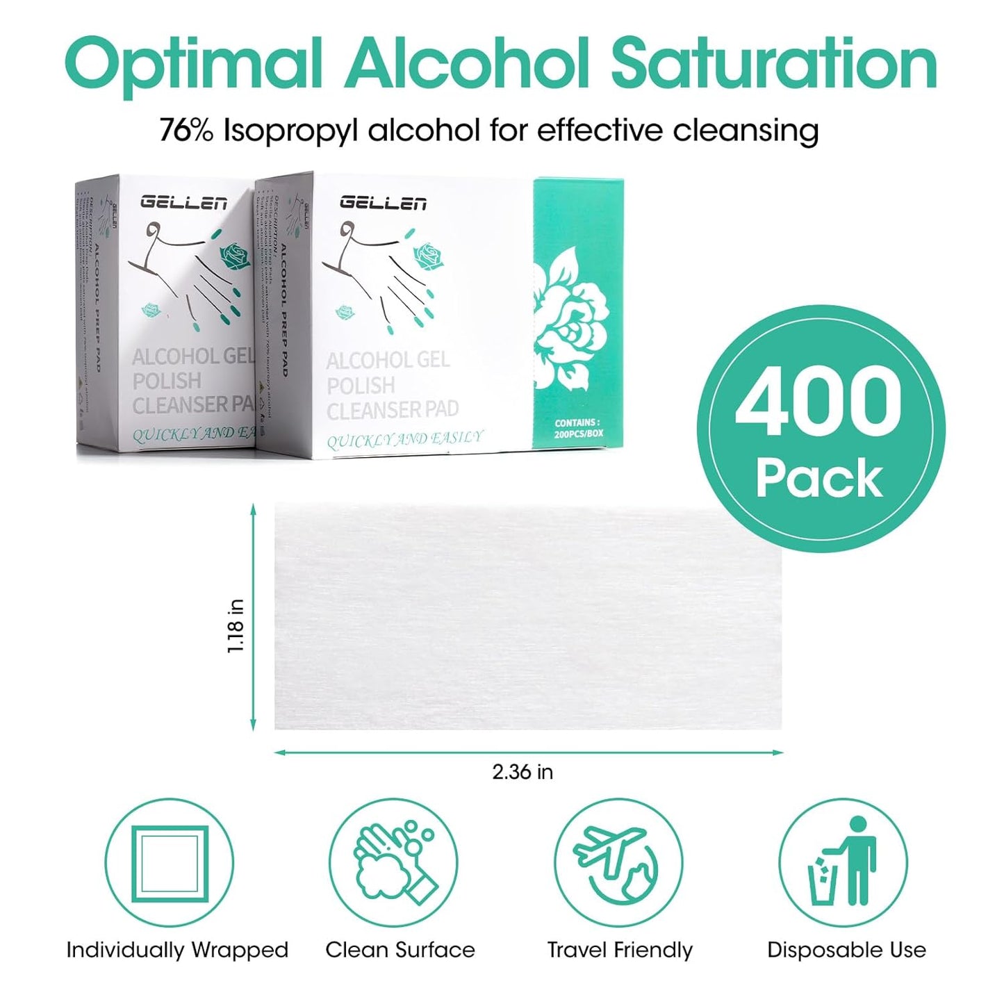 Gellen 400 Pack Nail Cleanser Pads, Alcohol Pads for Nails, Individually Wrapped Nail Prep Pads, Lint-free Tacky Layer Residue Remover Wipes for Acrylic & Builder Gel Polish Press-ons