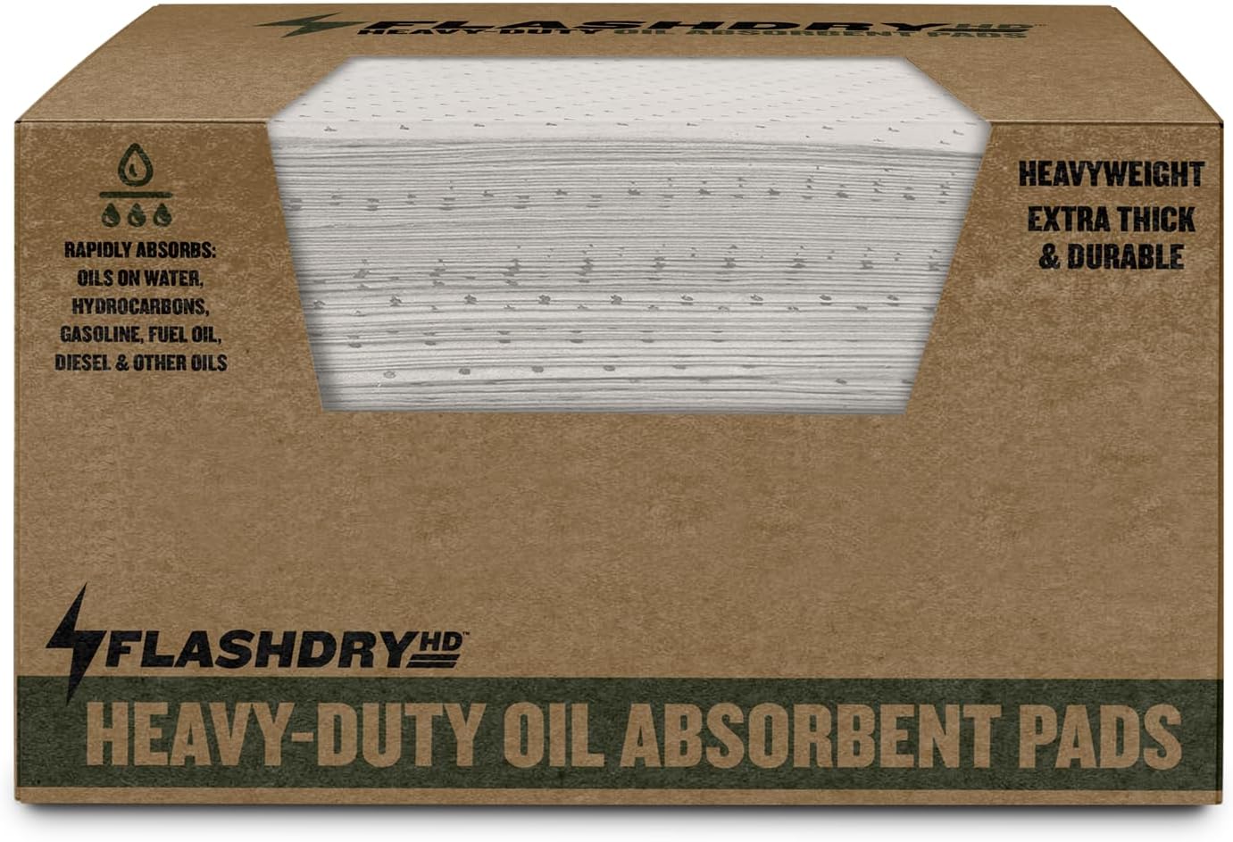 FLASHDRY Heavy Duty Oil Absorbent Pads - 300GSM/4mm (100 Pack, 17.5"x13.5") - Oil-Only Spill Pads for Garage, Marine, Automotive & Industrial Use - Fast Absorbing, Unsinkable, Cut to Size