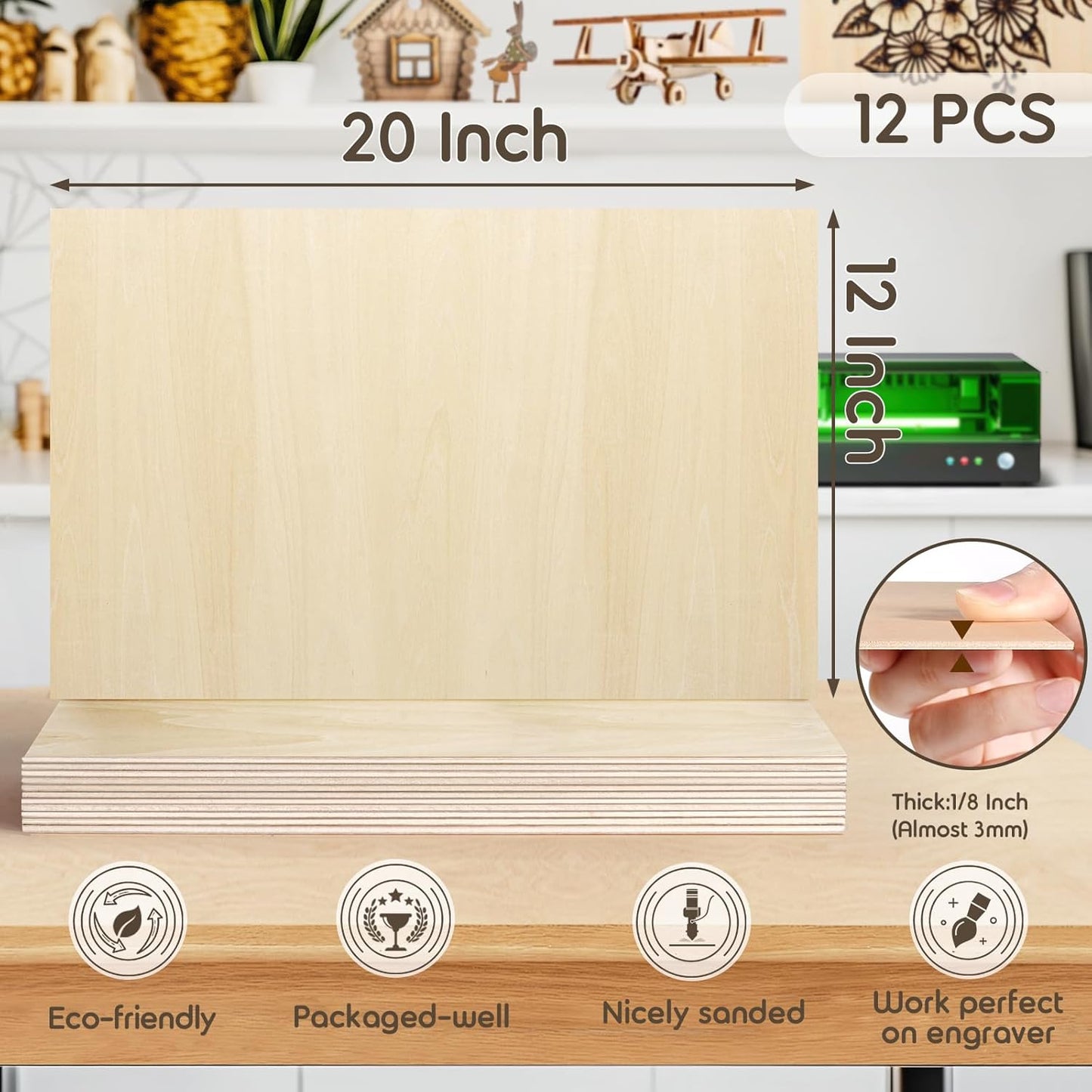 12 PCS 12x20x1/8 Inch Basswood Sheets, MAPRIAL Smooth 3mm Plywood for Laser Cutting, Unfinished Wood Board for Engraving, Wood Burning, Painting, Crafts, Ornaments, Models, Cutter, Engraver, Gifts
